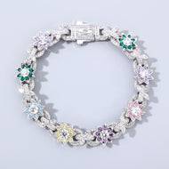 White Gold Plated Colorful Flower Iced Out Cuban Bracelet