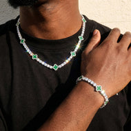 5mm Green Motif White Gold Plated Set