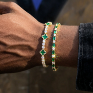 2mm Emerald-White Tennis Bracelet + 5mm Green Motif 14K Gold Plated Tennis Bracelet Set
