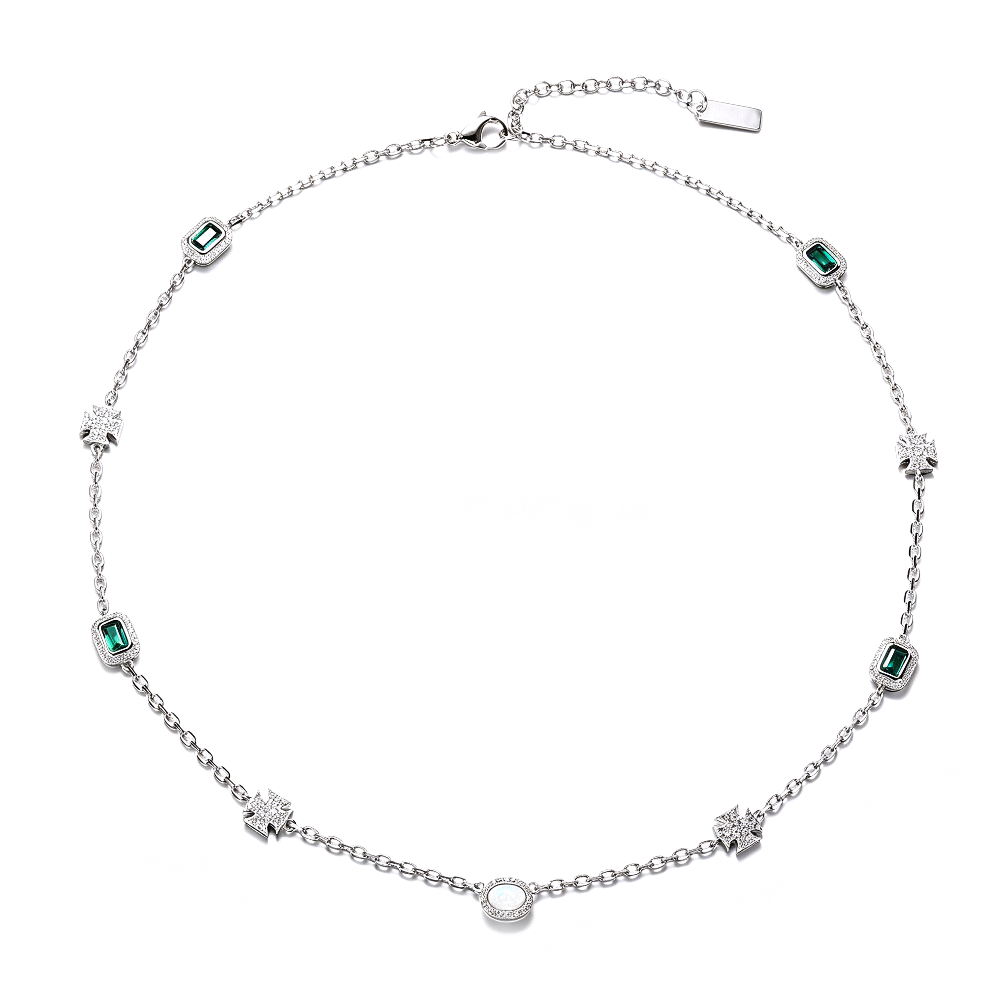 White Gold Plated Thin Emerald Iced Motifs Chain