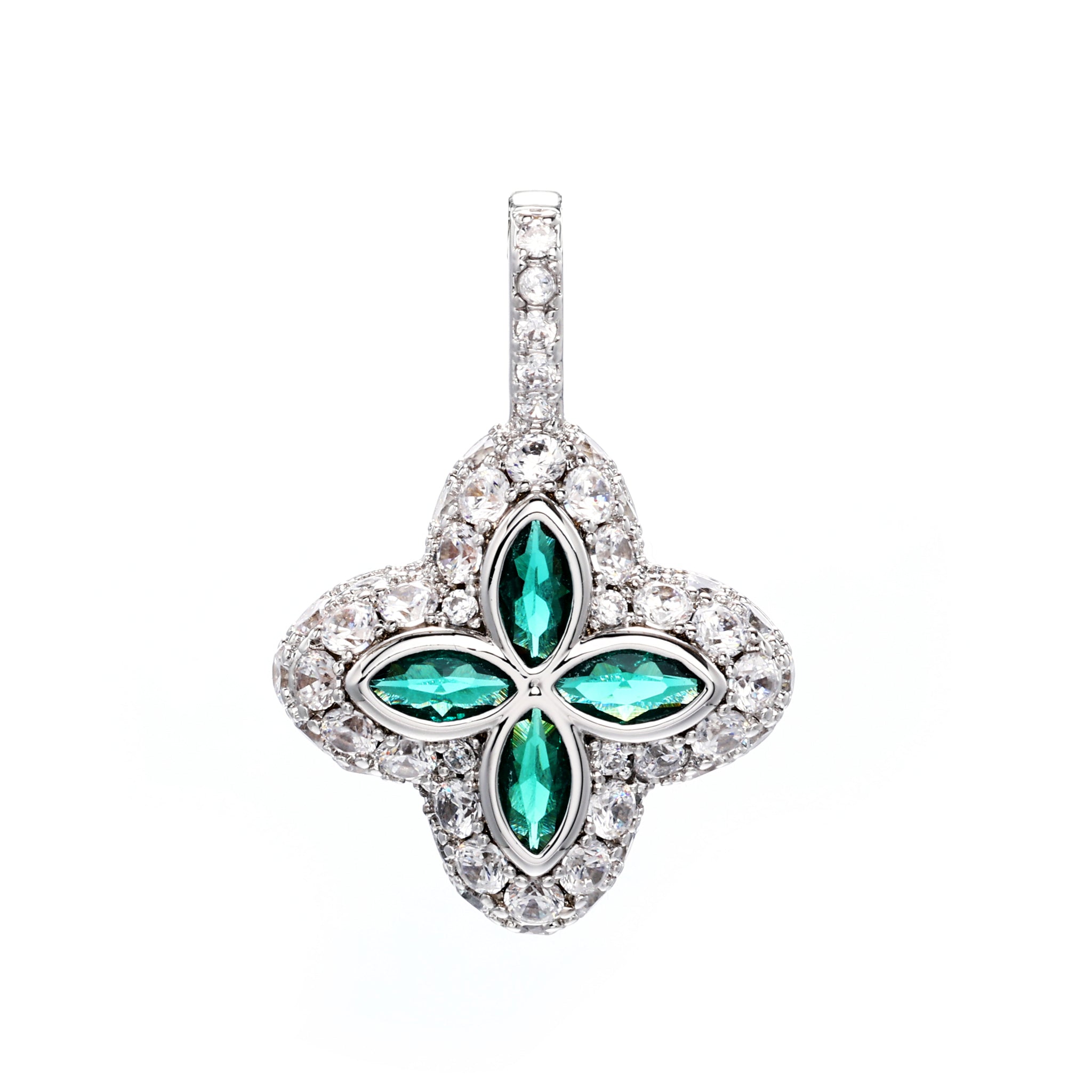White Gold Plated Green Clover Motif Pendant