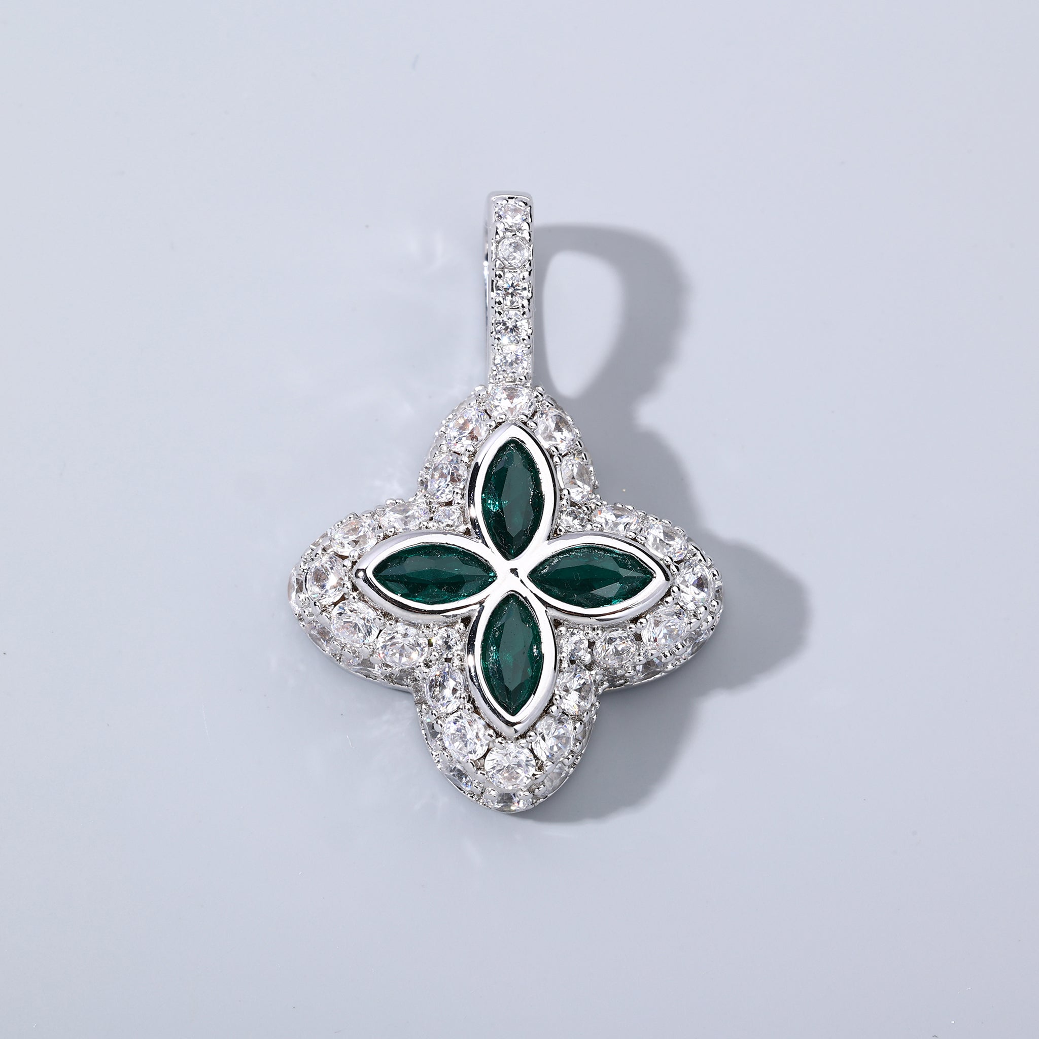 White Gold Plated Green Clover Motif Pendant