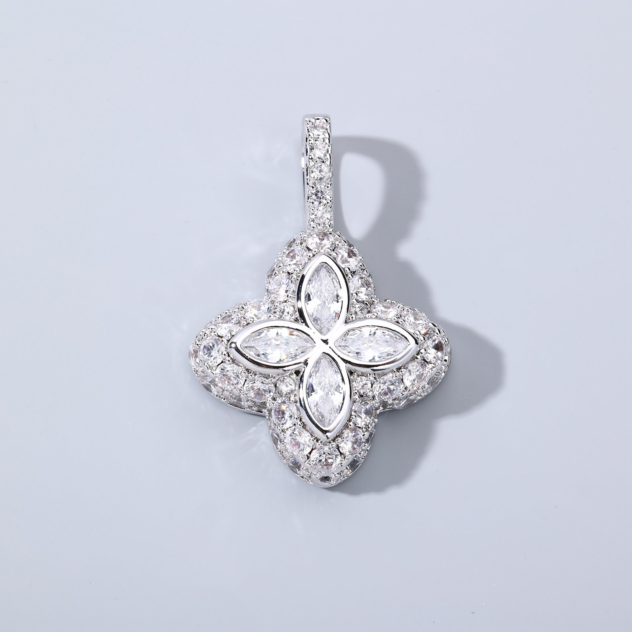 White Gold Plated White Clover Motif Pendant