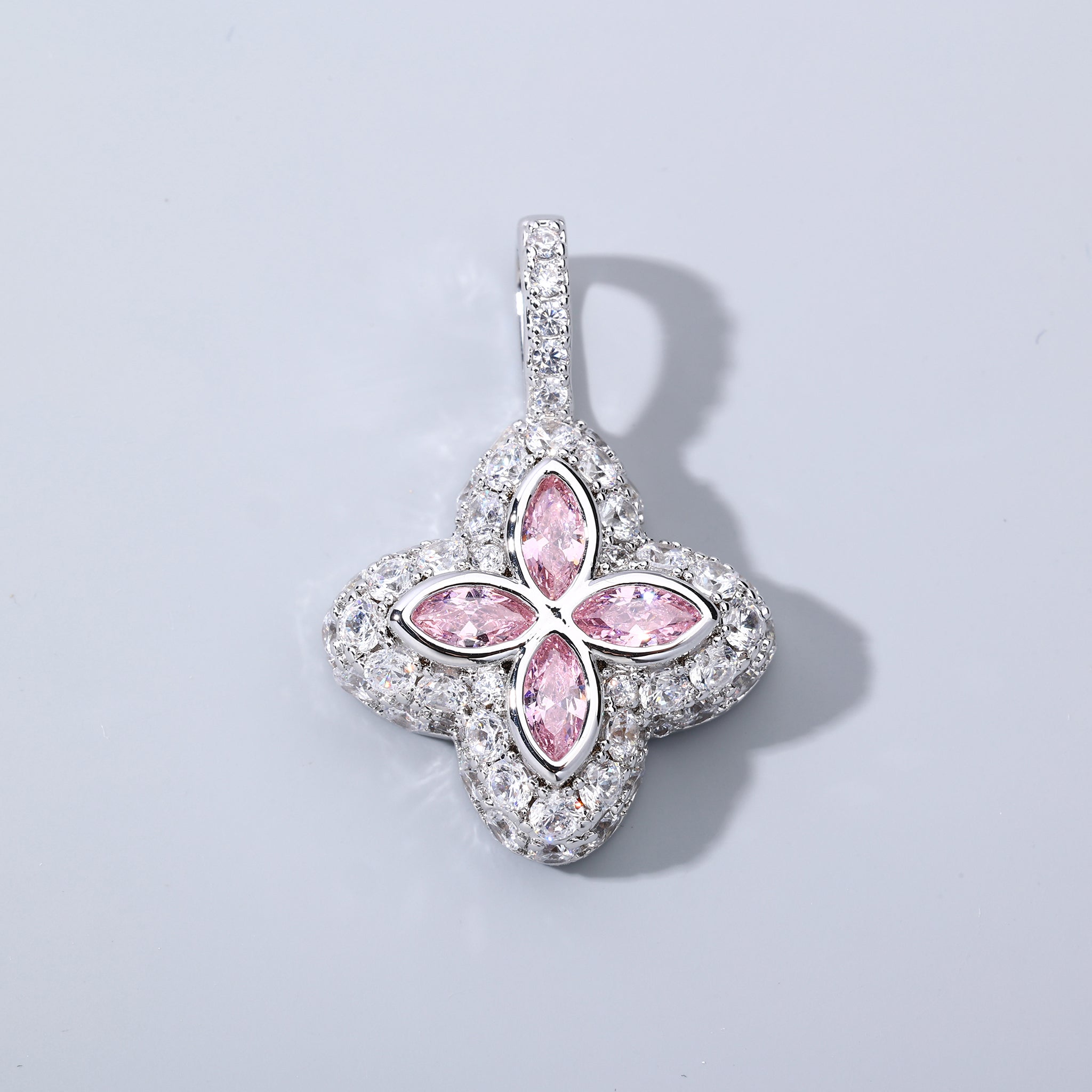 White Gold Plated Pink Clover Motif Pendant