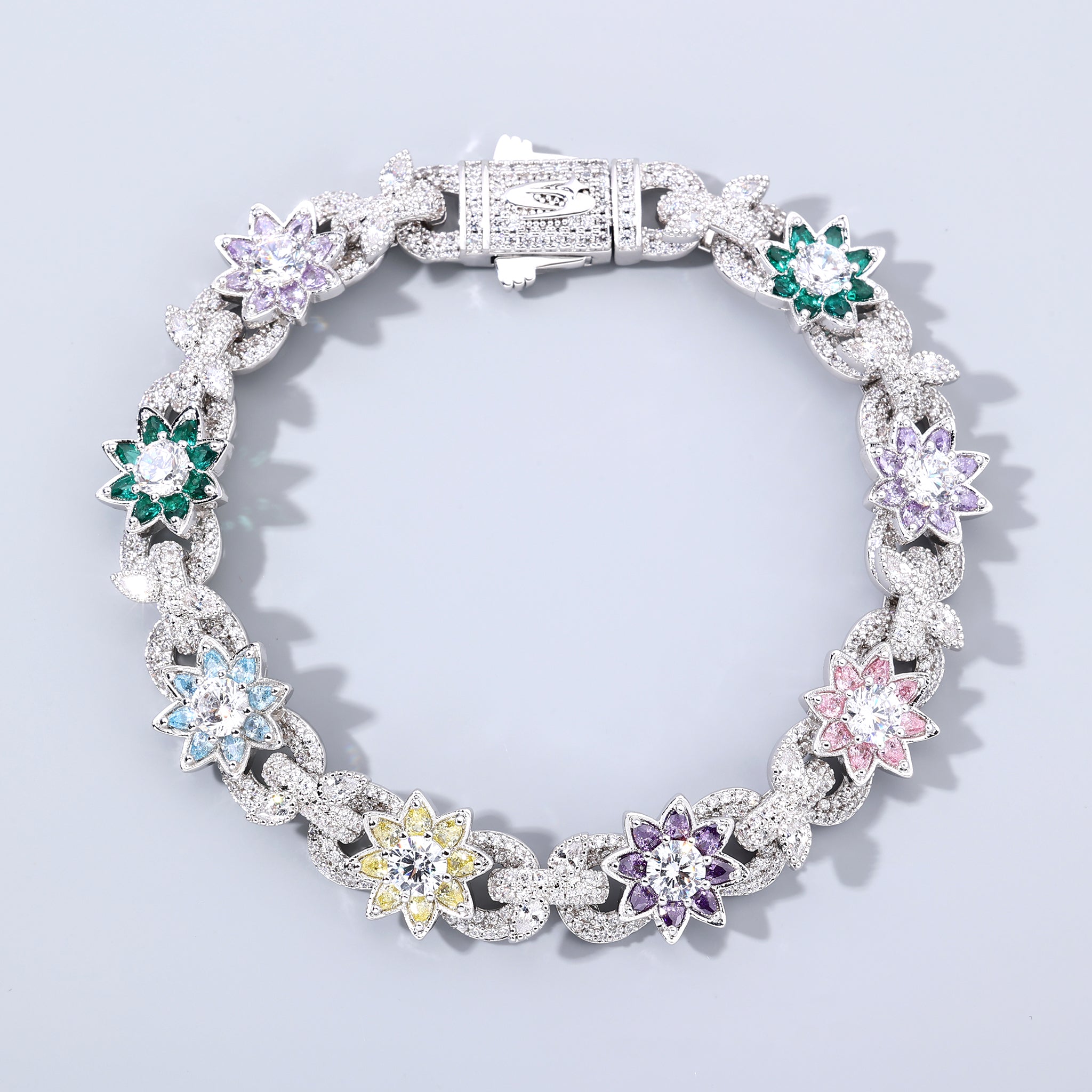 White Gold Plated Colorful Flower Iced Out Cuban Bracelet