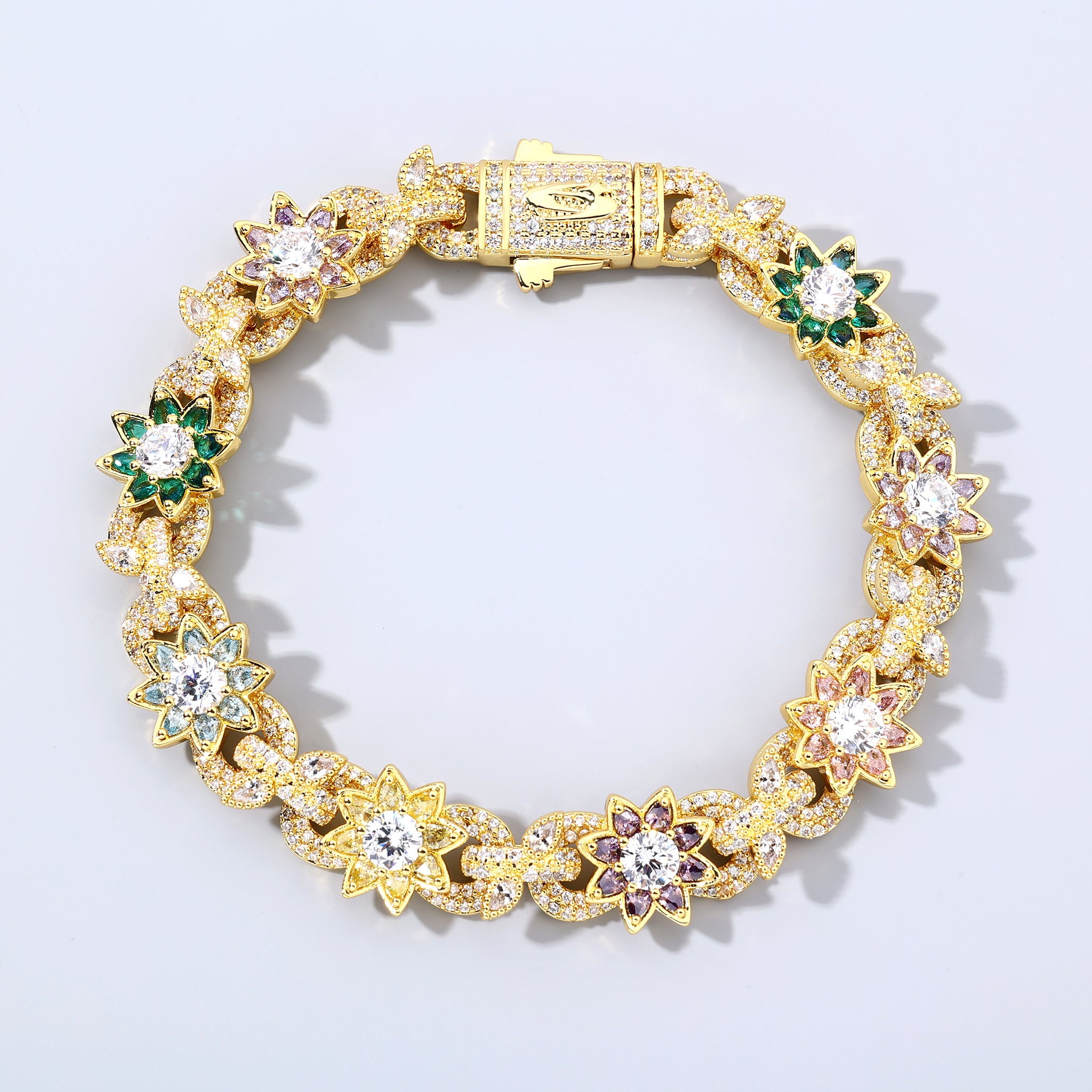 14K Gold Plated Colorful Flower Iced Out Cuban Bracelet