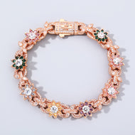 Rose  Gold Plated Colorful Flower Iced Out Cuban Bracelet