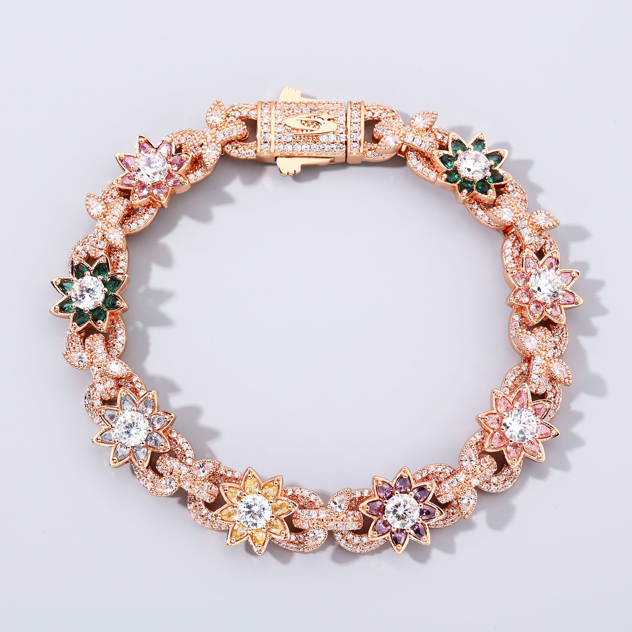 Rose  Gold Plated Colorful Flower Iced Out Cuban Bracelet