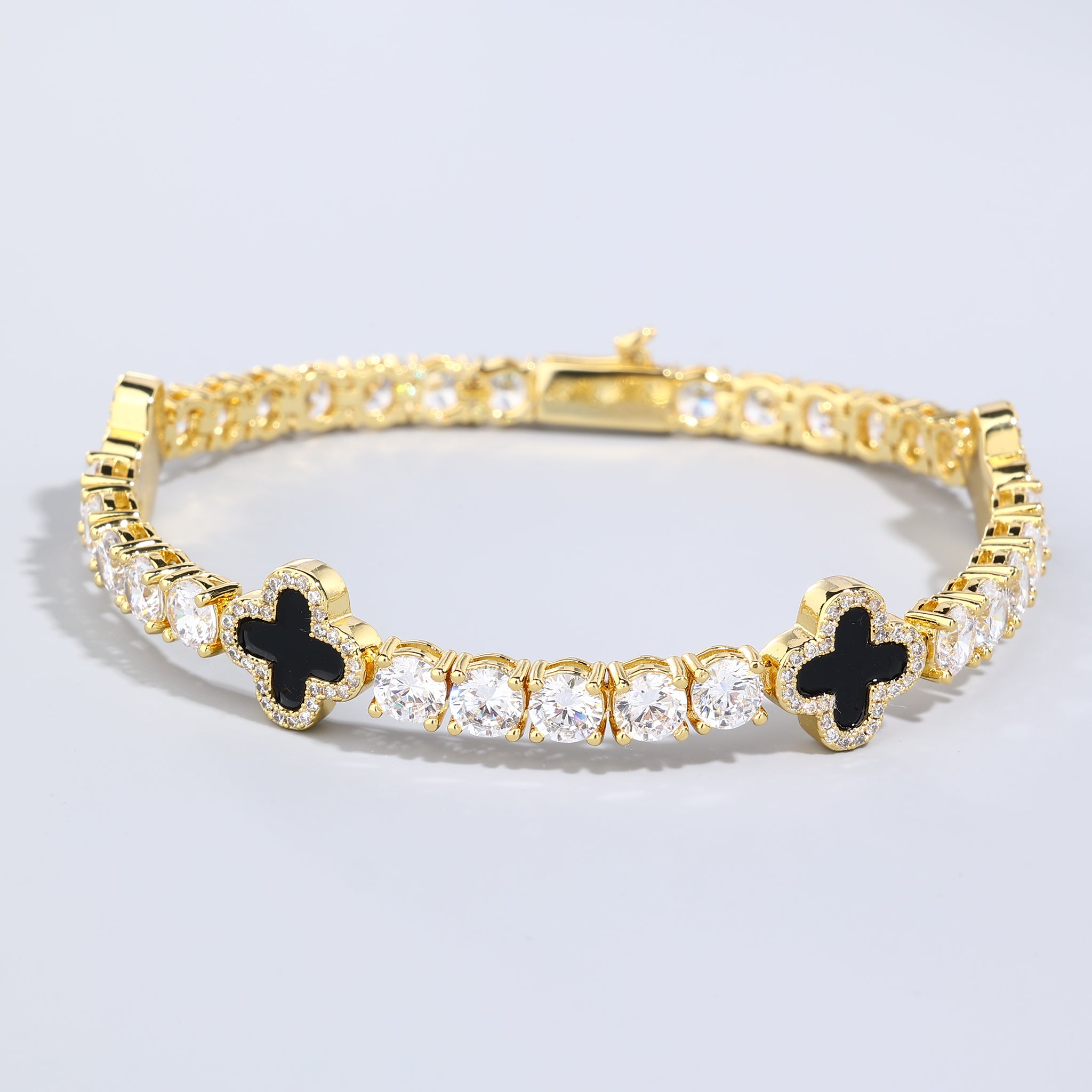 5mm Black Motif 14K Gold Plated Tennis Bracelet