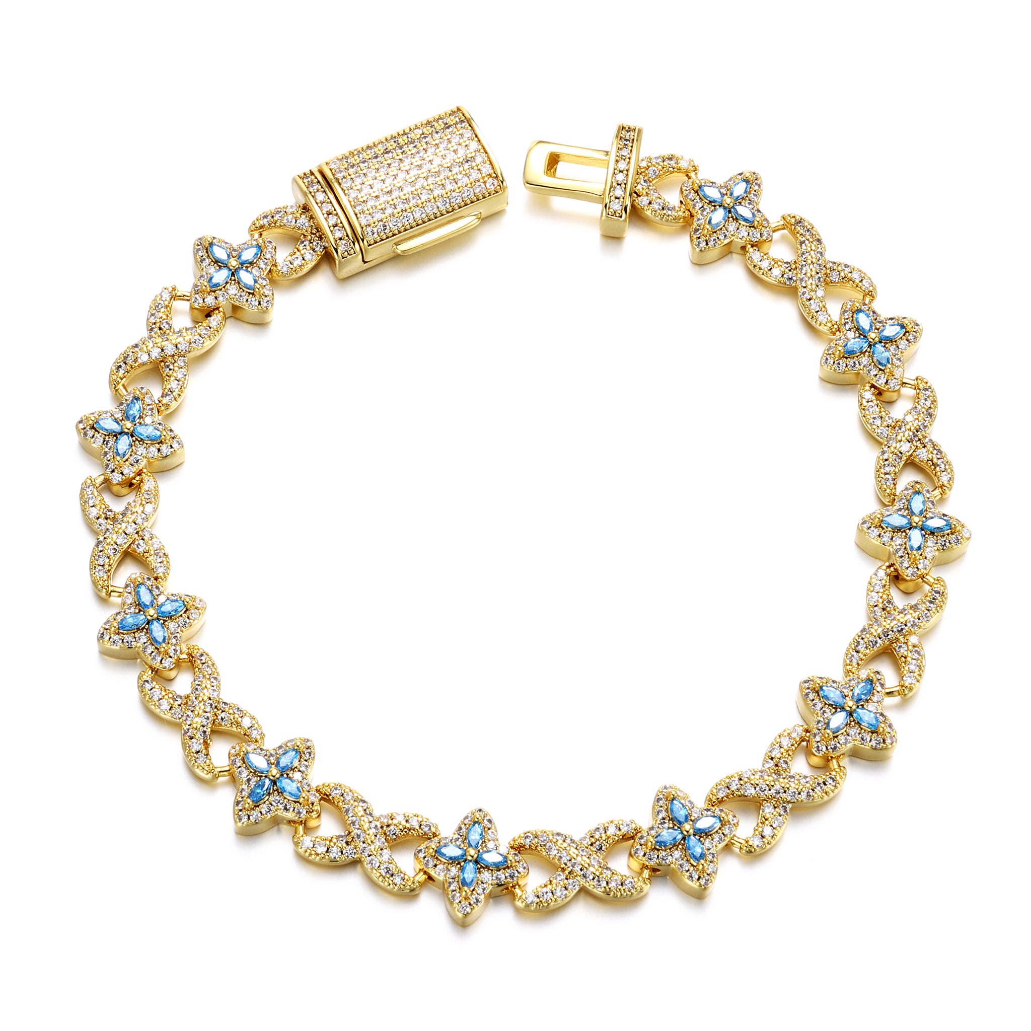 14K Gold Plated 10mm Iced Infinity Aqua Clover Bracelet