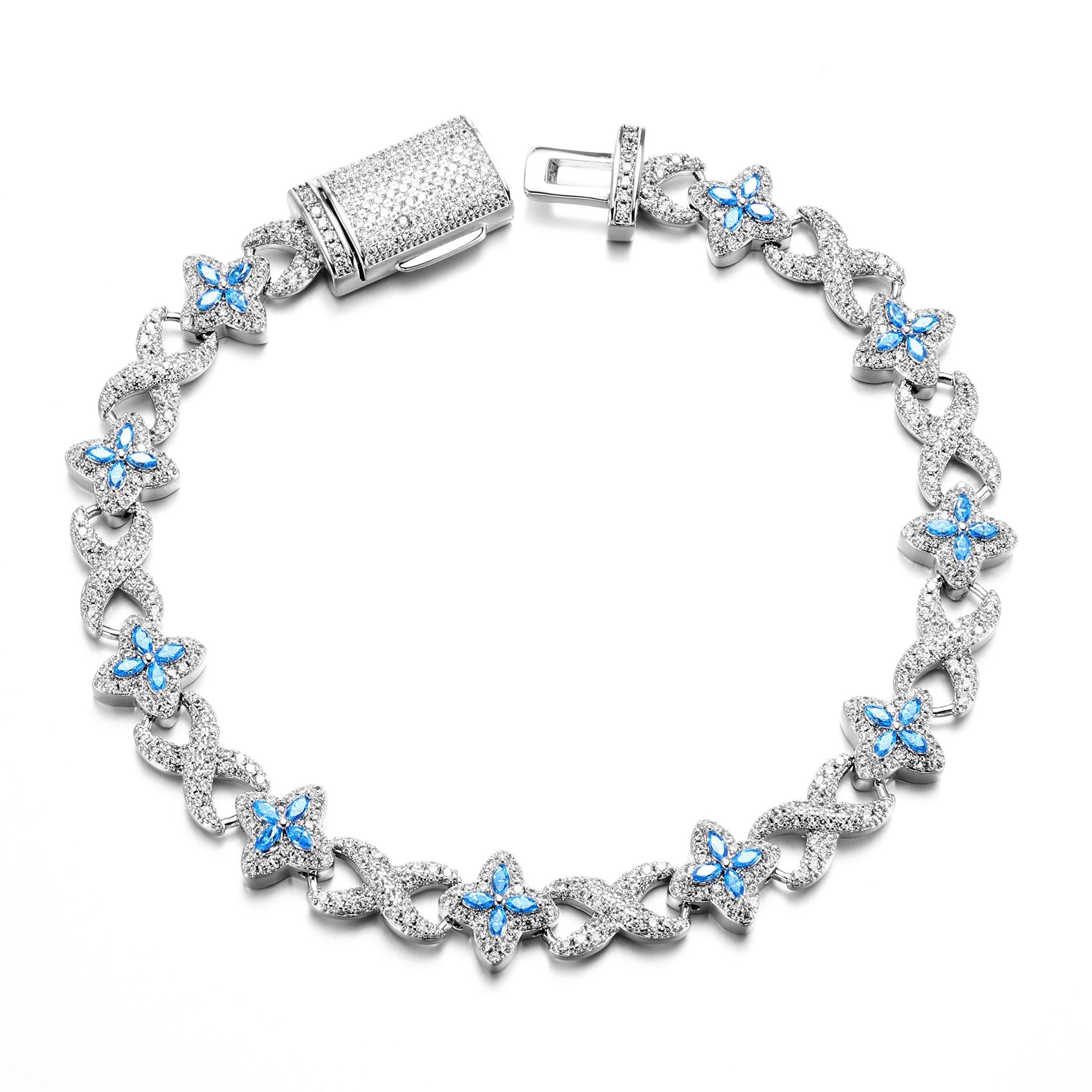 White Gold Plated 10mm Iced Infinity Aqua Clover Bracelet