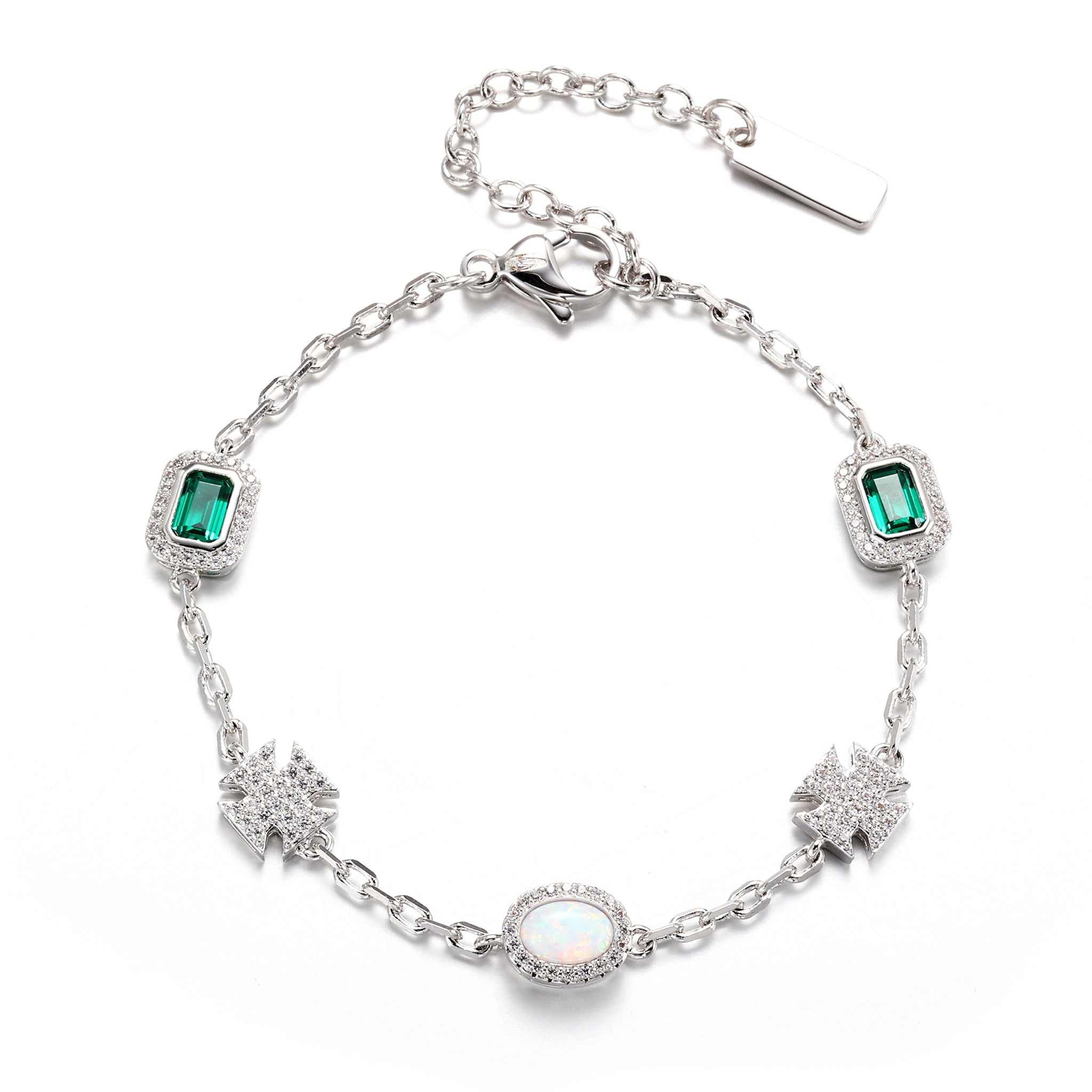 White Gold Plated Thin Emerald Iced Motifs Bracelet