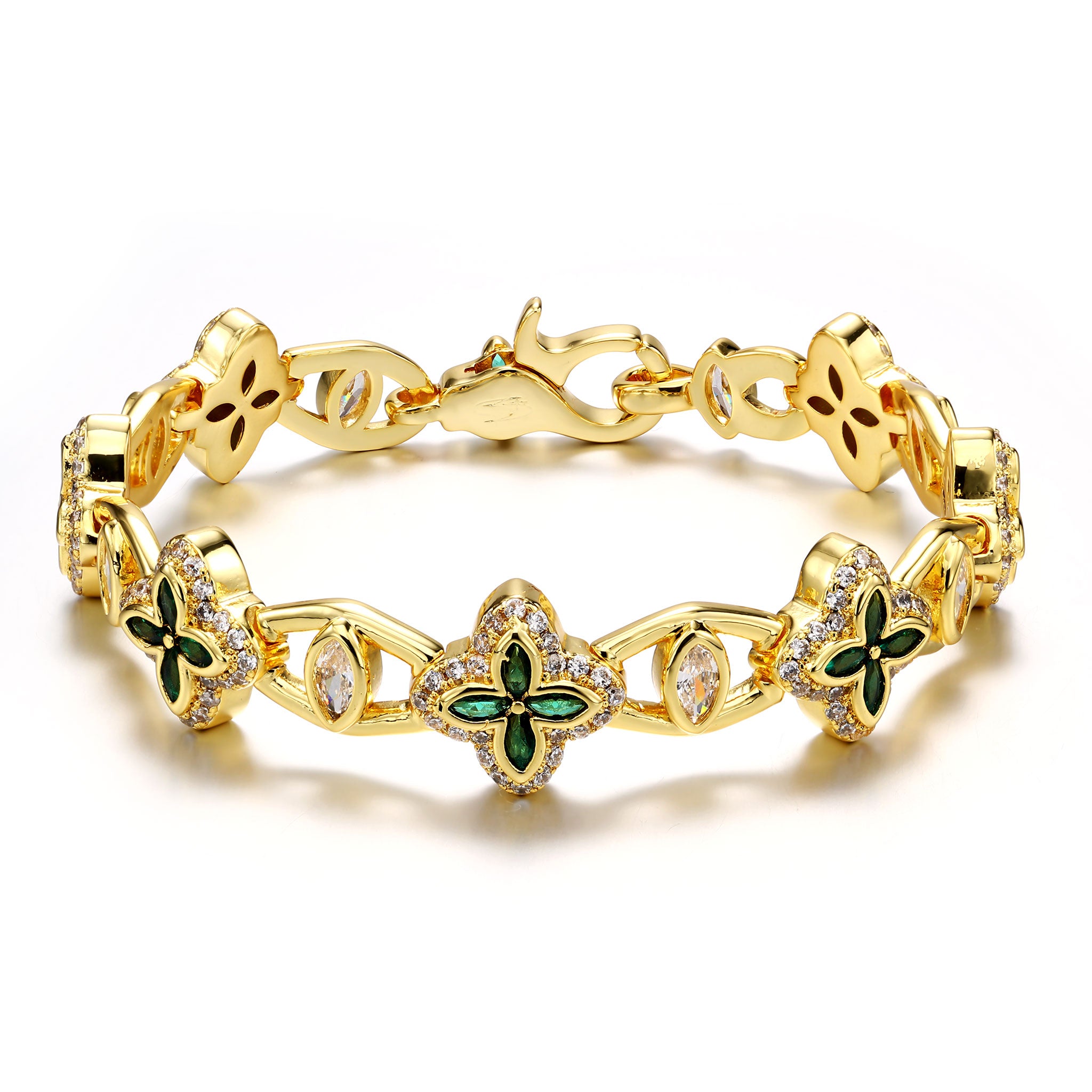 14K Gold Plated 10mm Iced Green Clover Eyes Bracelet
