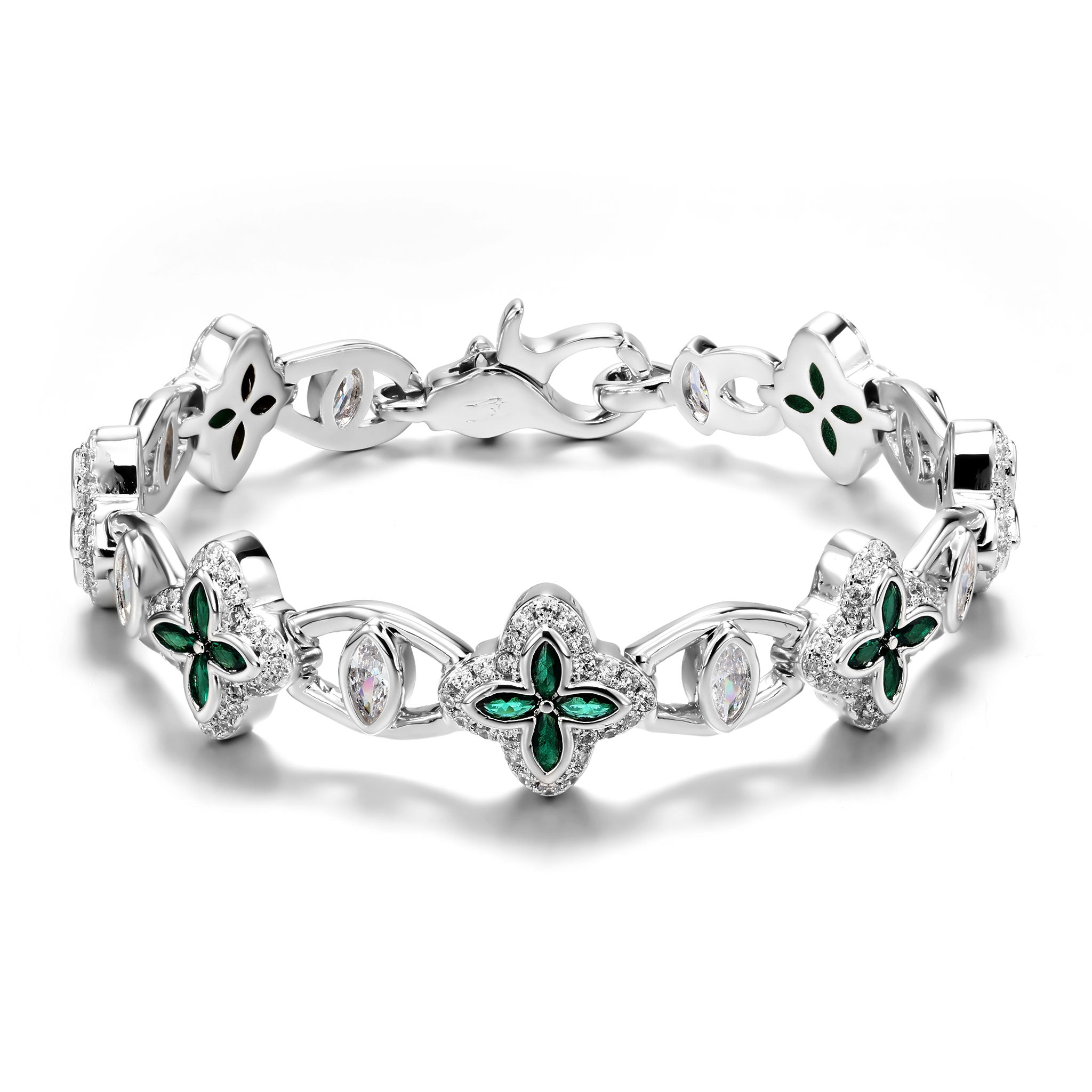 White Gold Plated 10mm Iced Green Clover Eyes Bracelet
