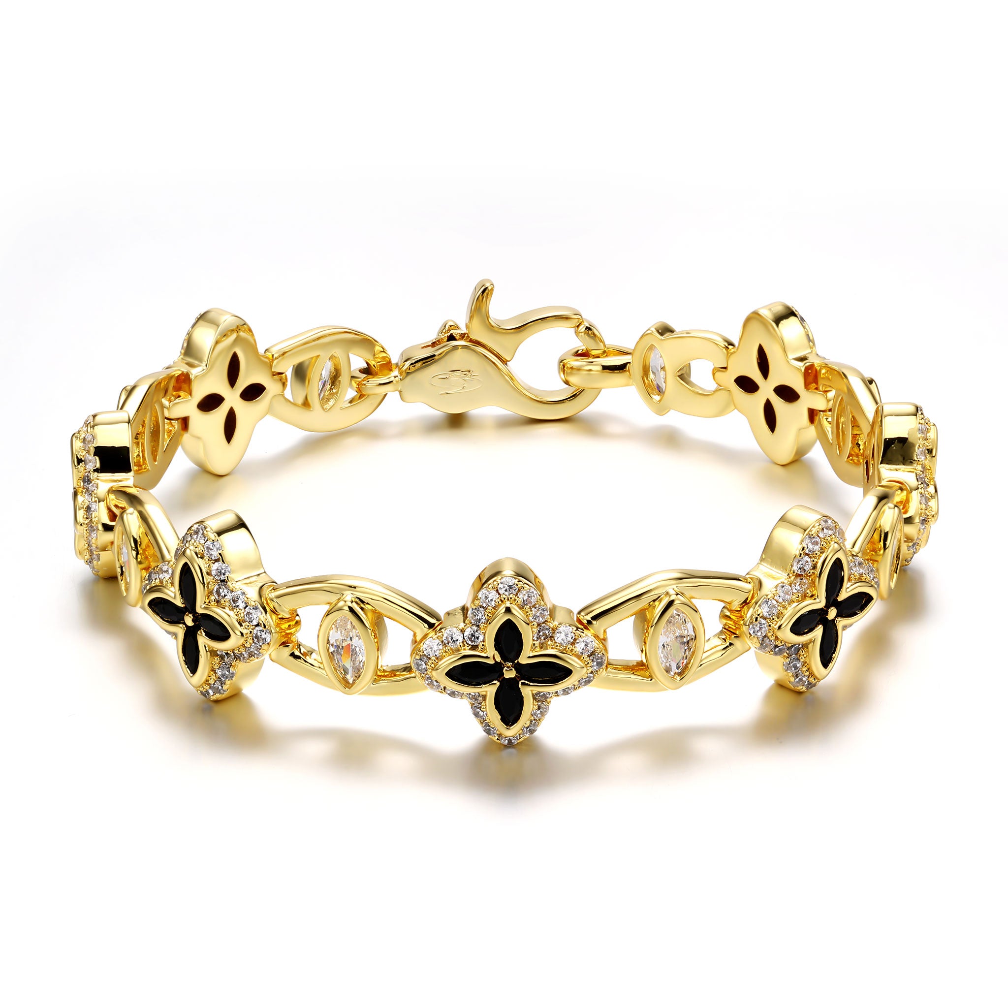 14K Gold Plated 10mm Iced Black Clover Eyes Bracelet