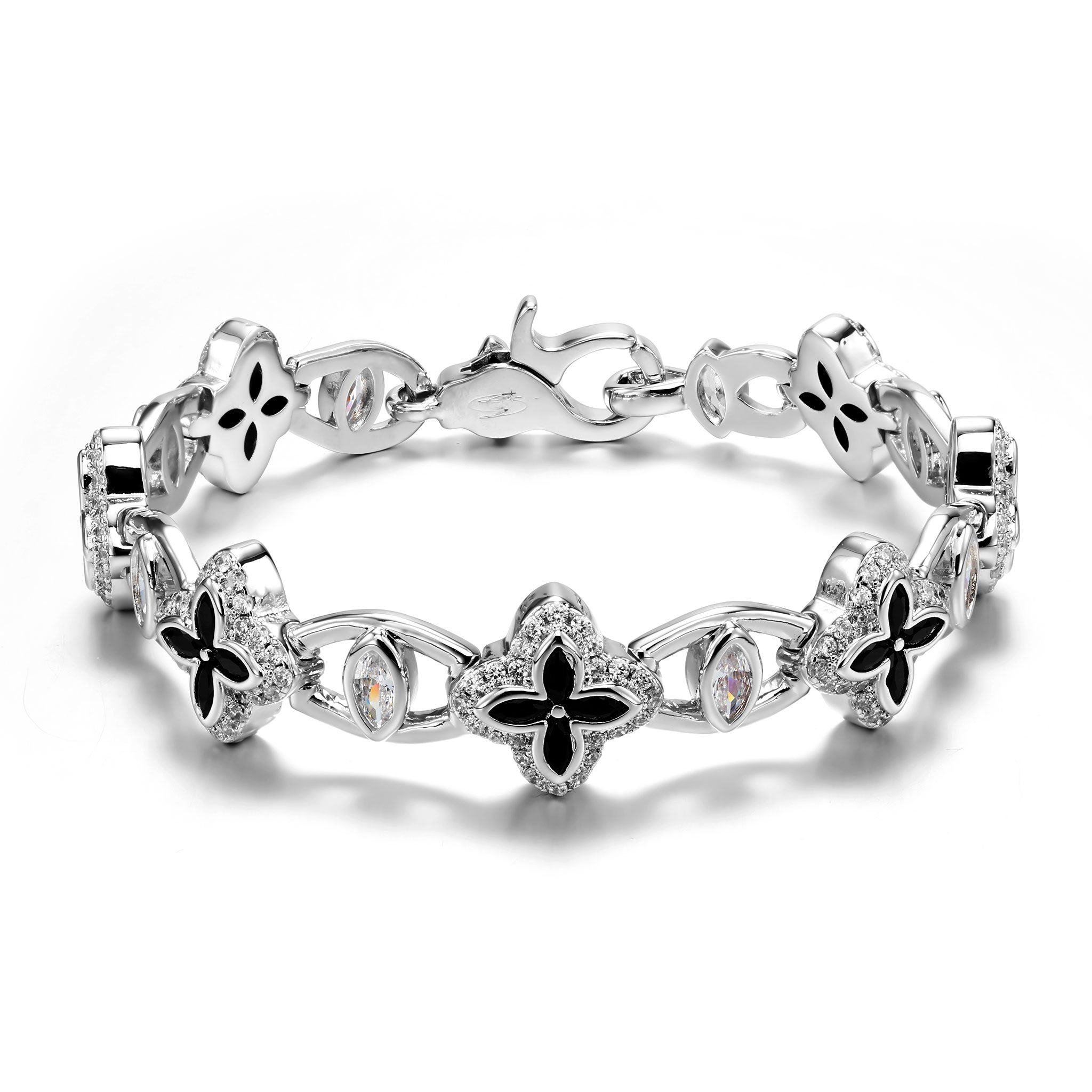 White Gold Plated 10mm Iced Black Clover Eyes Bracelet