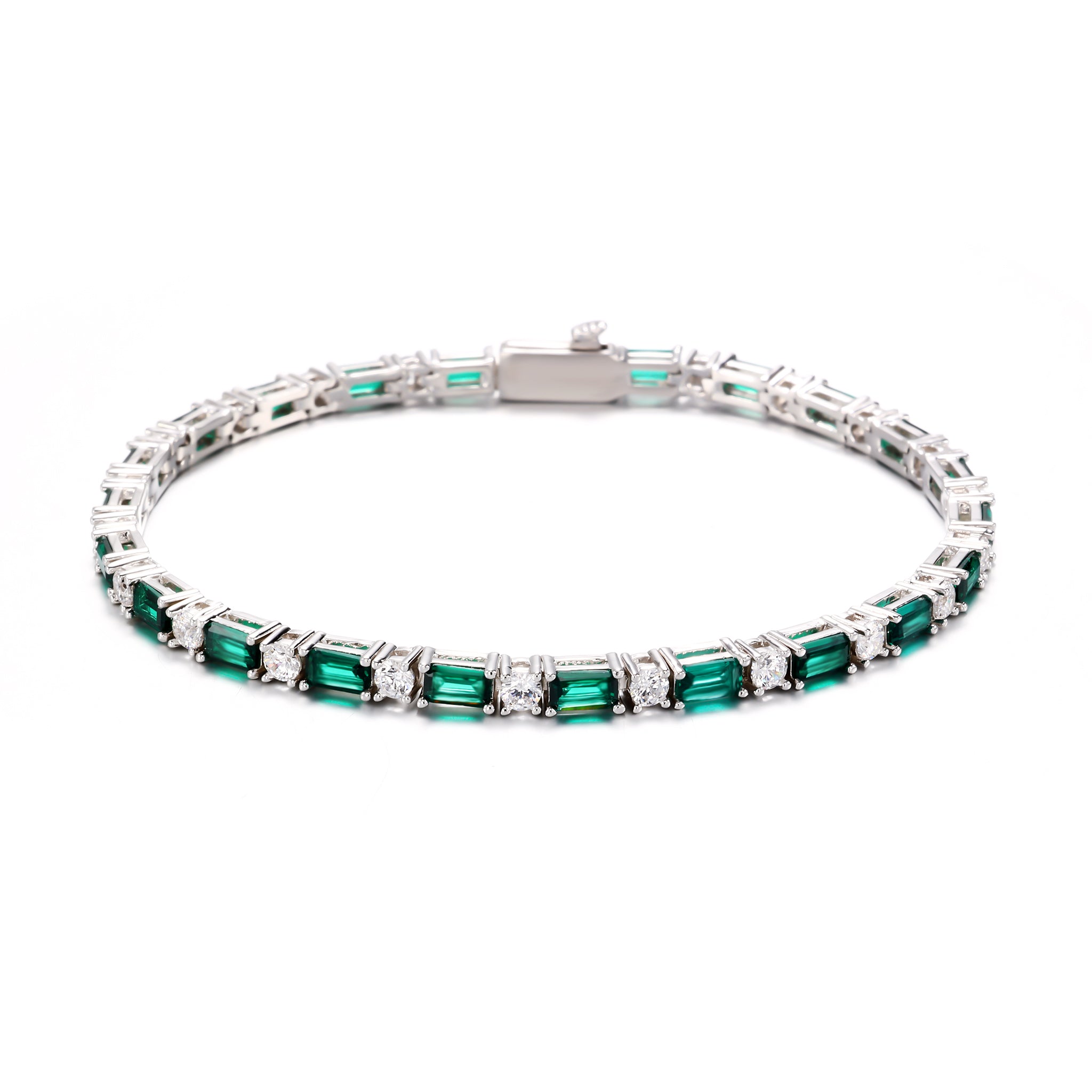 White Gold Plated 2mm Emerald- White Tennis Bracelet