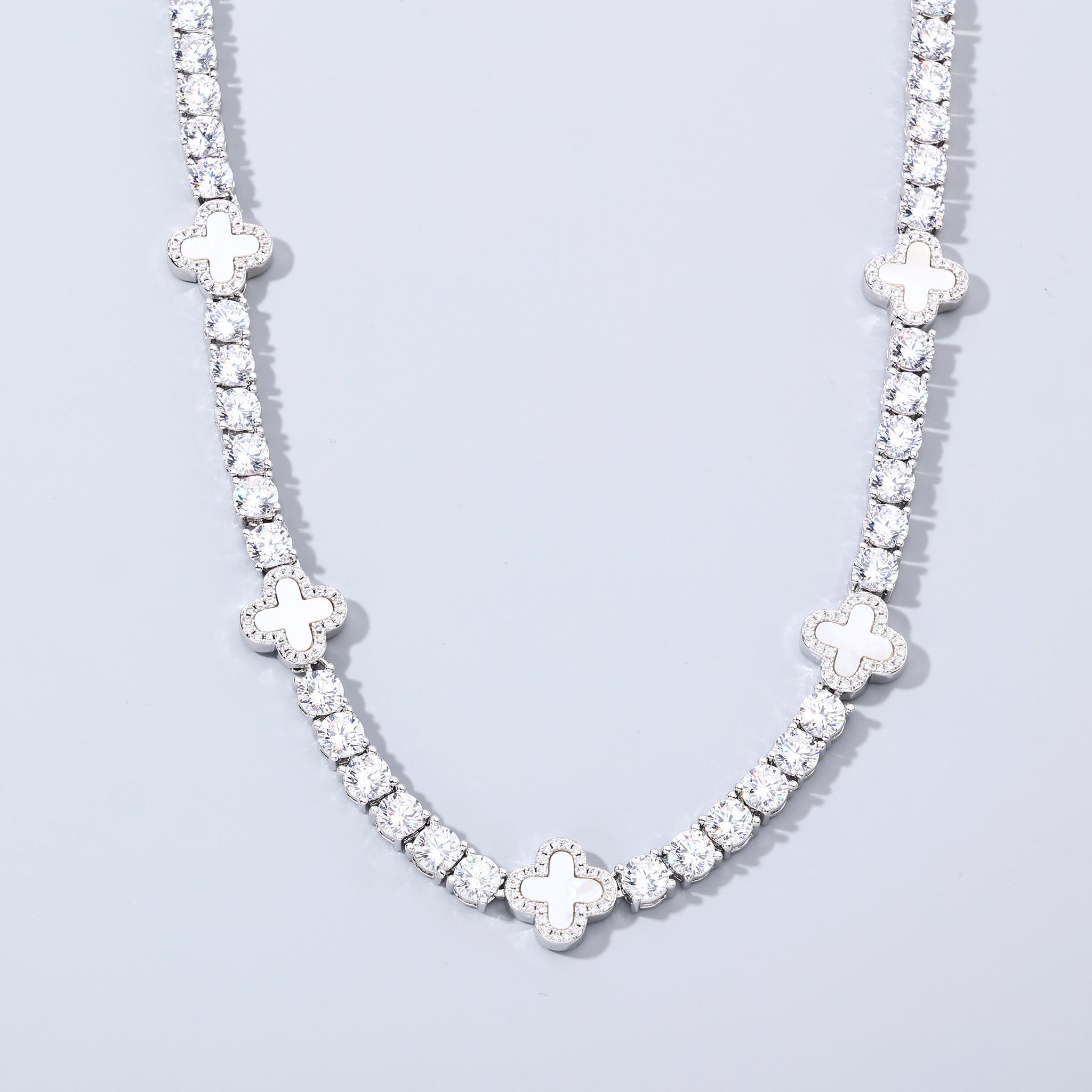 5mm White Motif White Gold Plated Tennis Chain