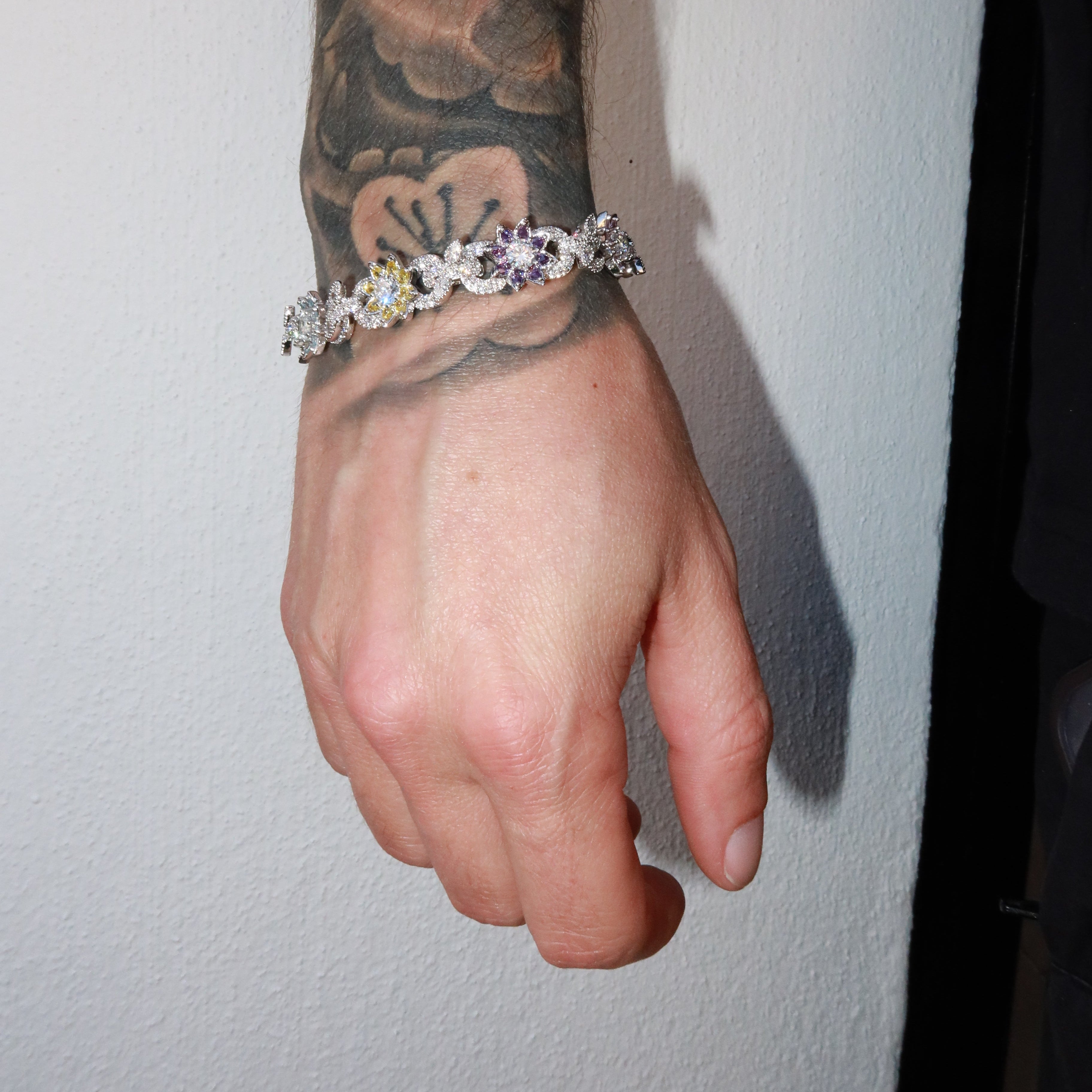 White Gold Plated Colorful Flower Iced Out Cuban Bracelet