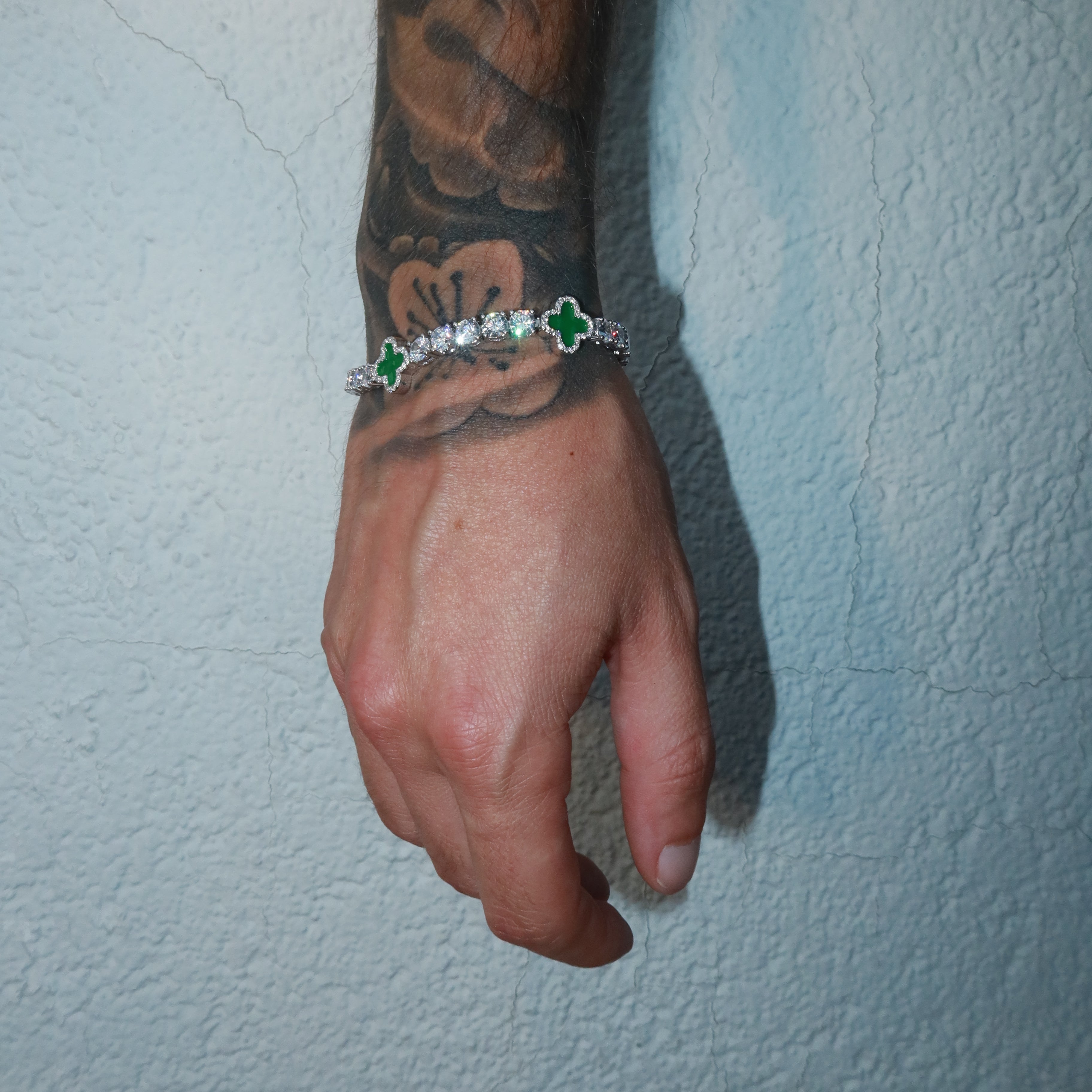 5mm Green Motif White Gold Plated Tennis Bracelet