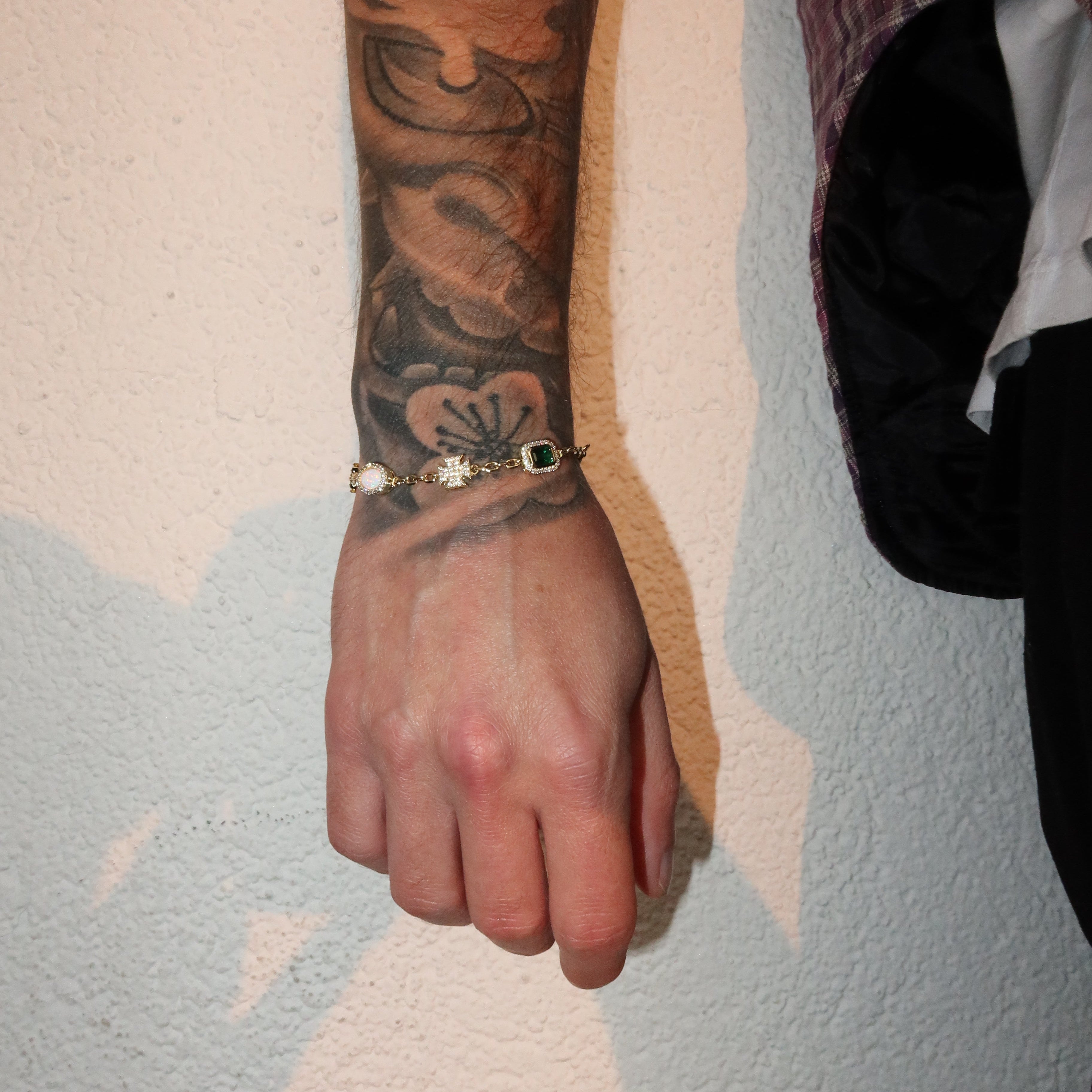 14K Gold Plated Thin Emerald Iced Motifs Bracelet