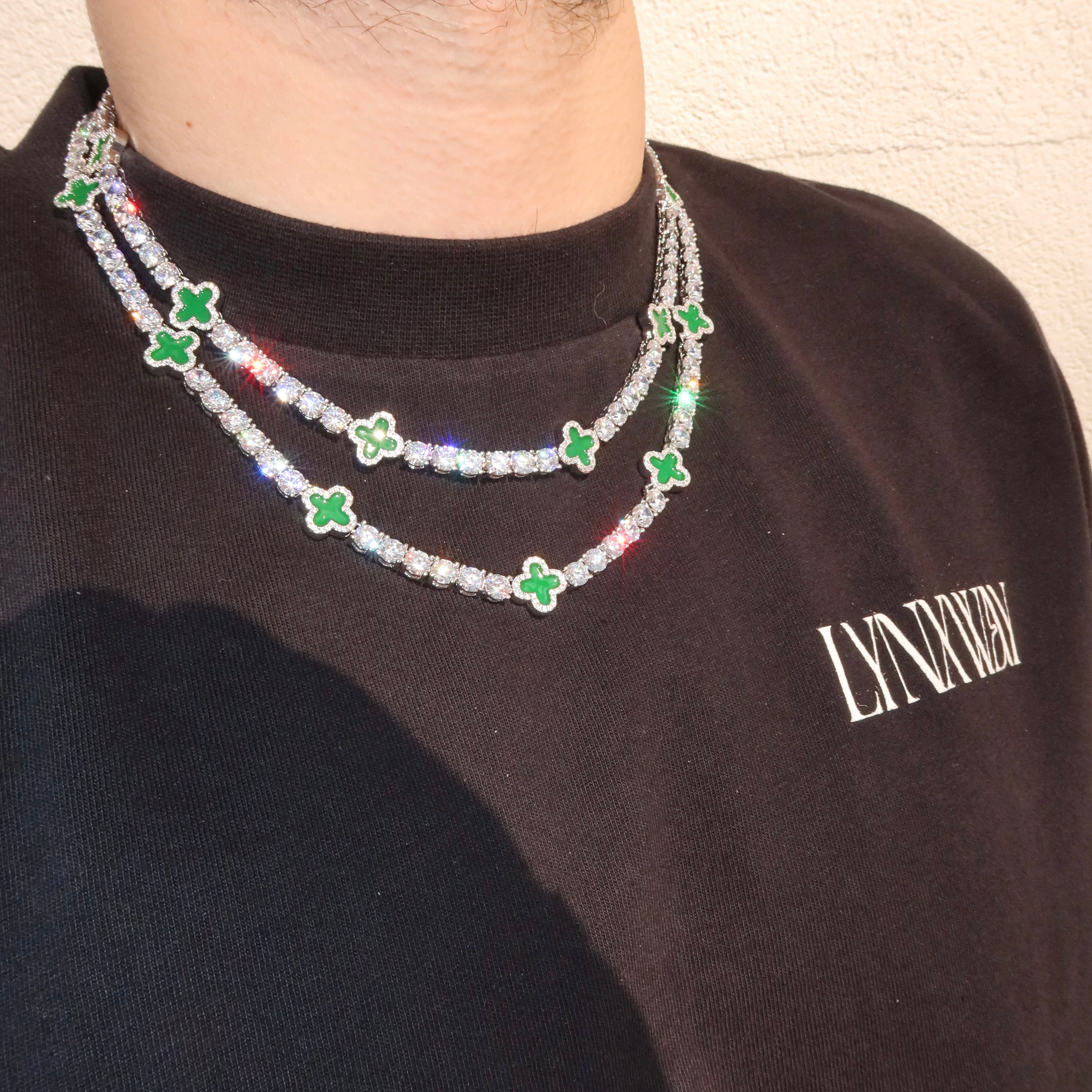 5mm Green Motif White Gold Plated Tennis Chain