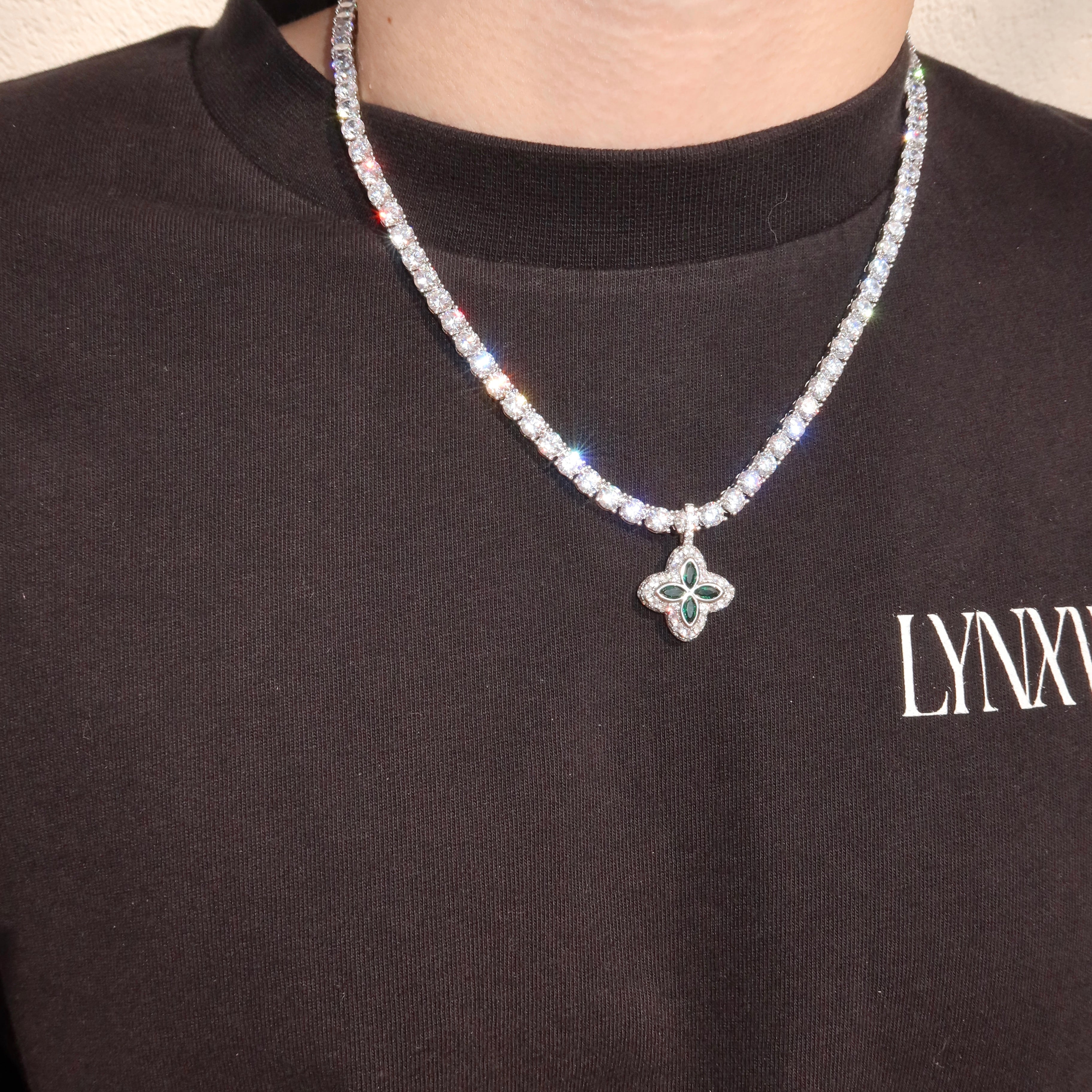 White Gold Plated Green Clover Motif Pendant