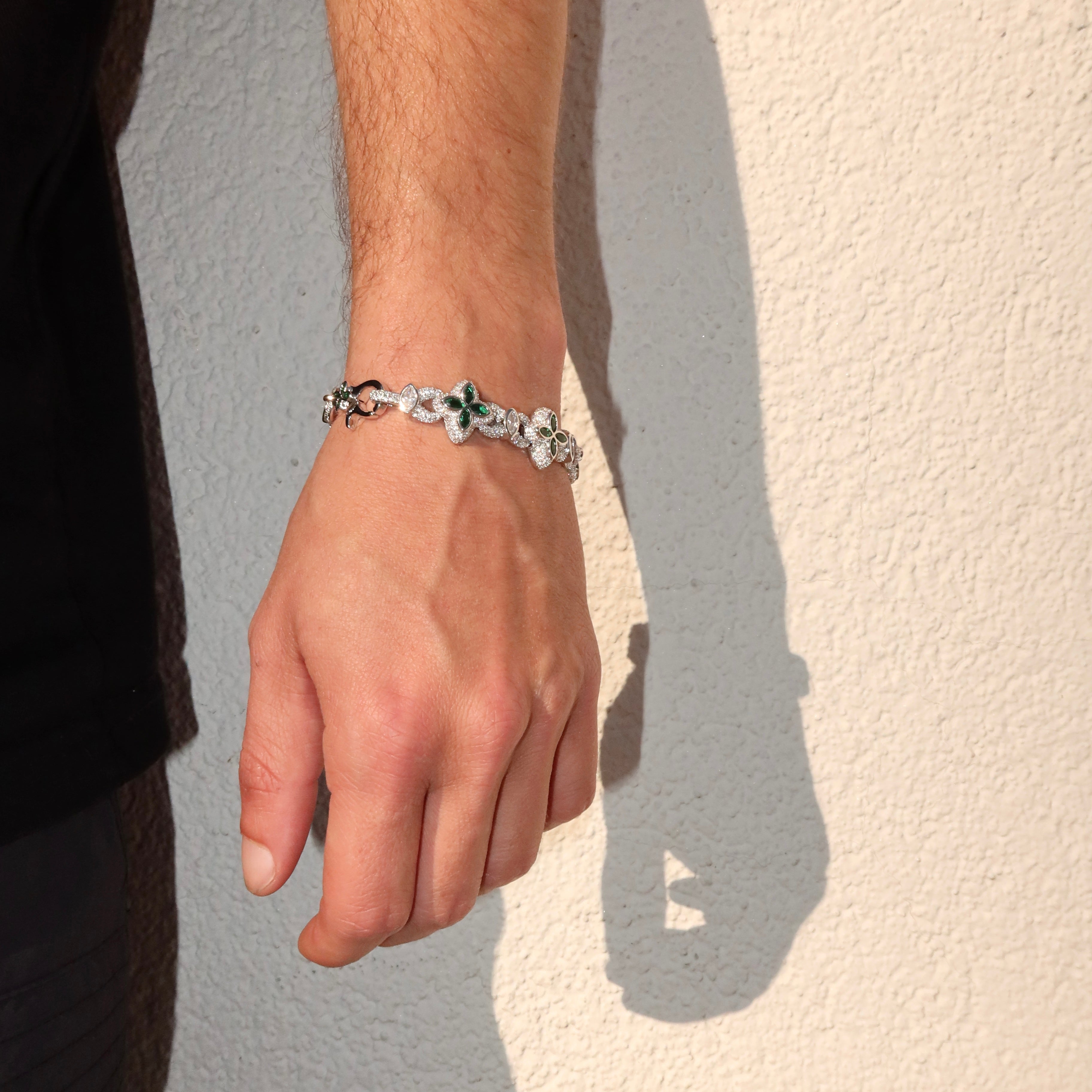 White Gold Plated Iced Marquise Green Clover Cuban Bracelet