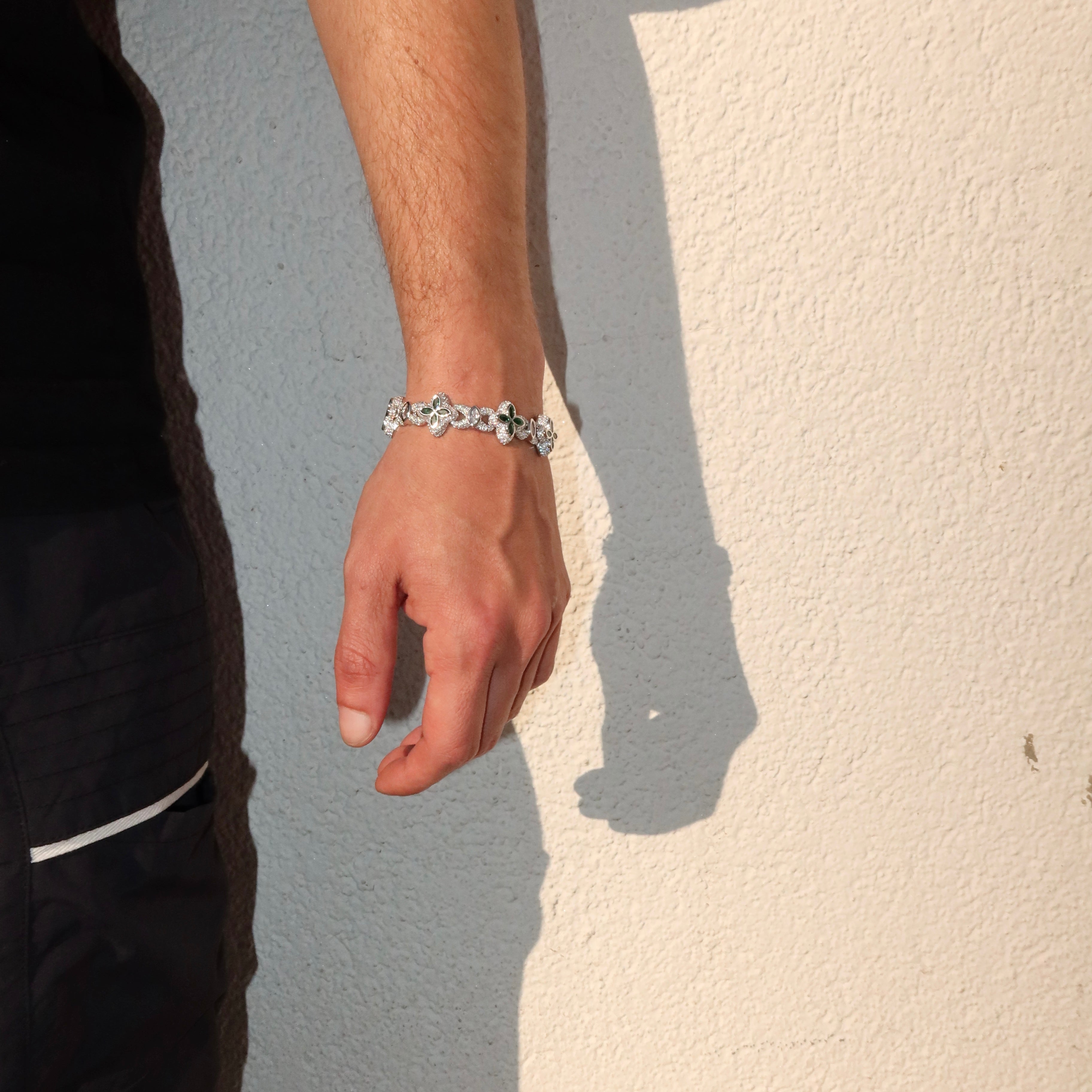 White Gold Plated Iced Marquise Green Clover Cuban Bracelet