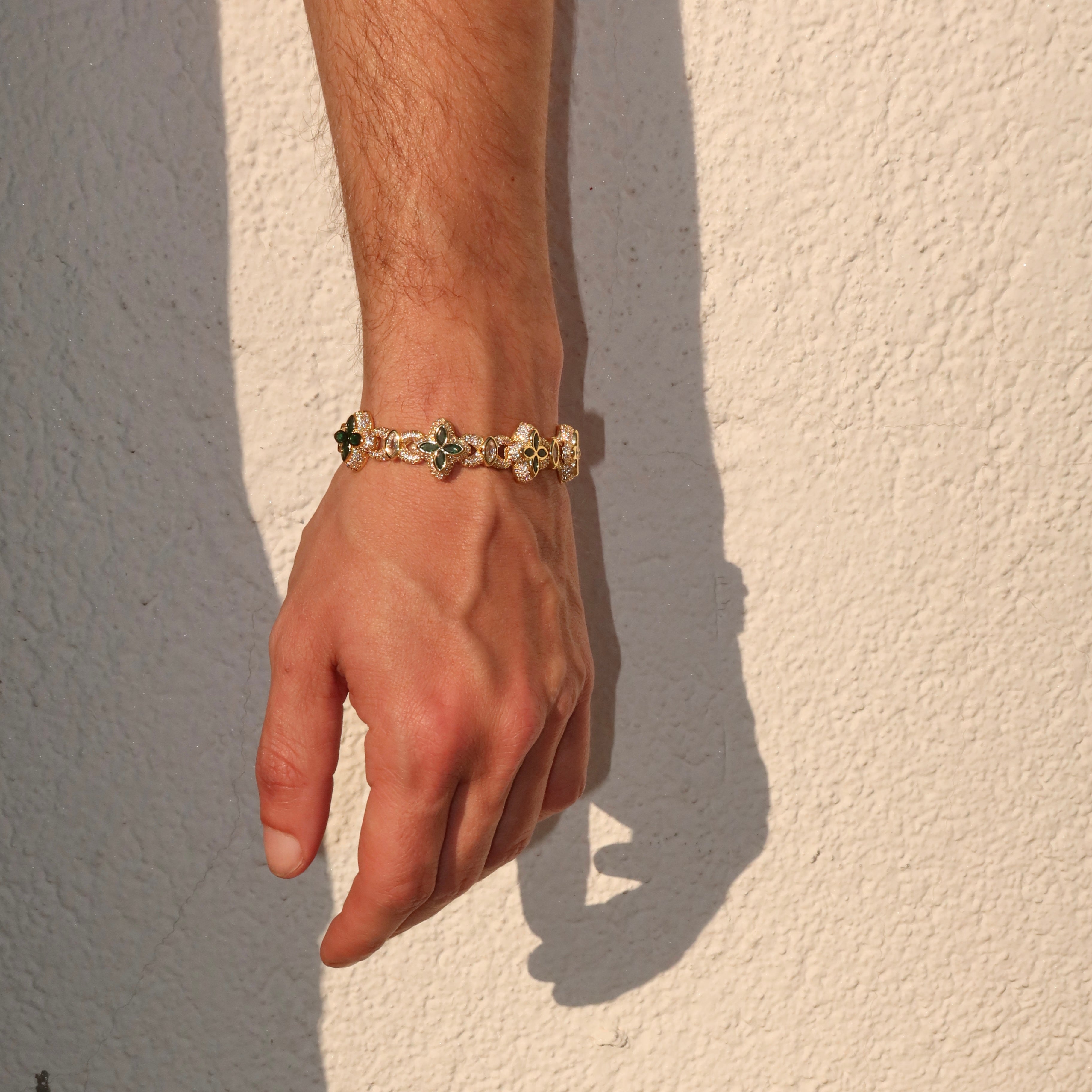14K Gold Plated Iced Marquise Green Clover Cuban Bracelet