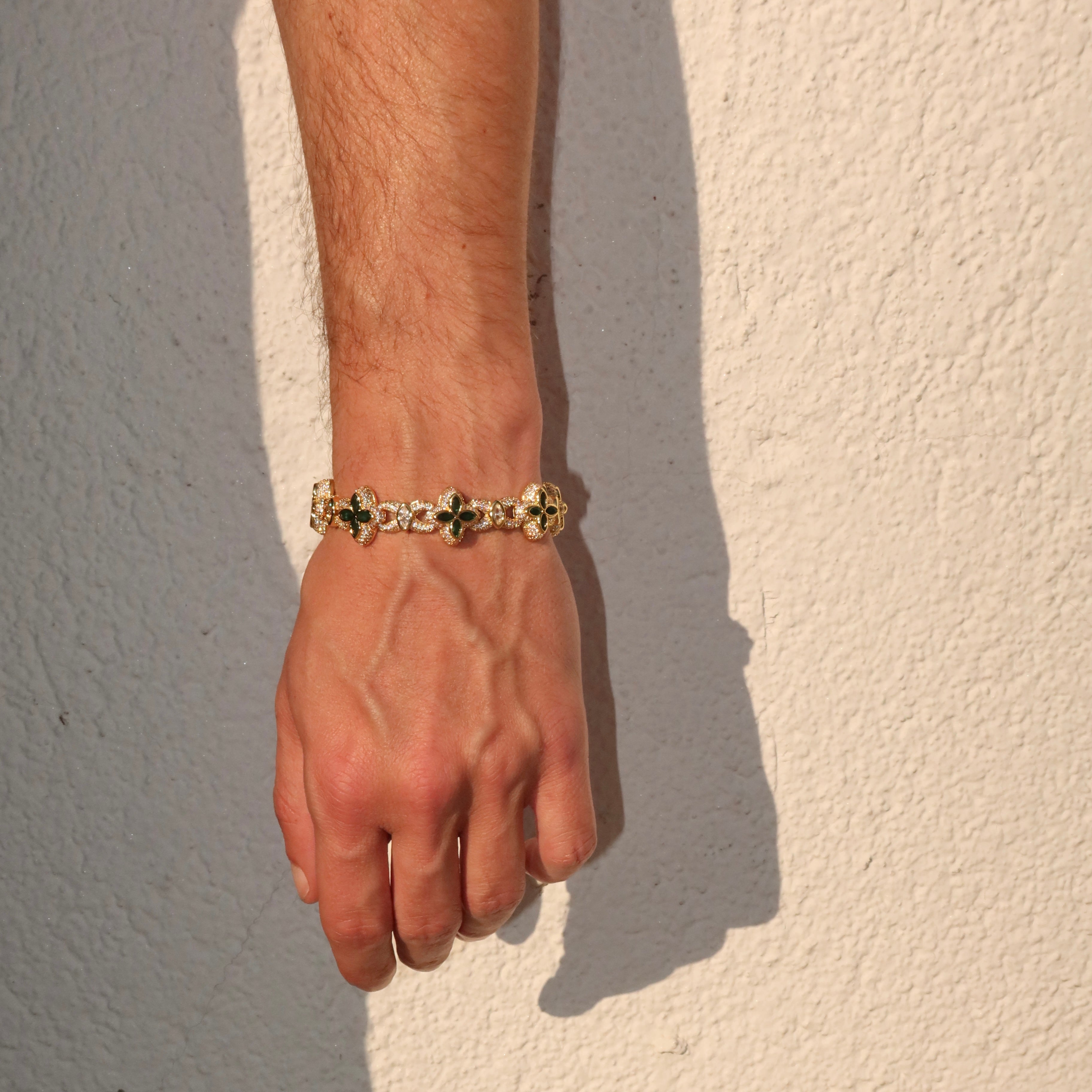 14K Gold Plated Iced Marquise Green Clover Cuban Bracelet