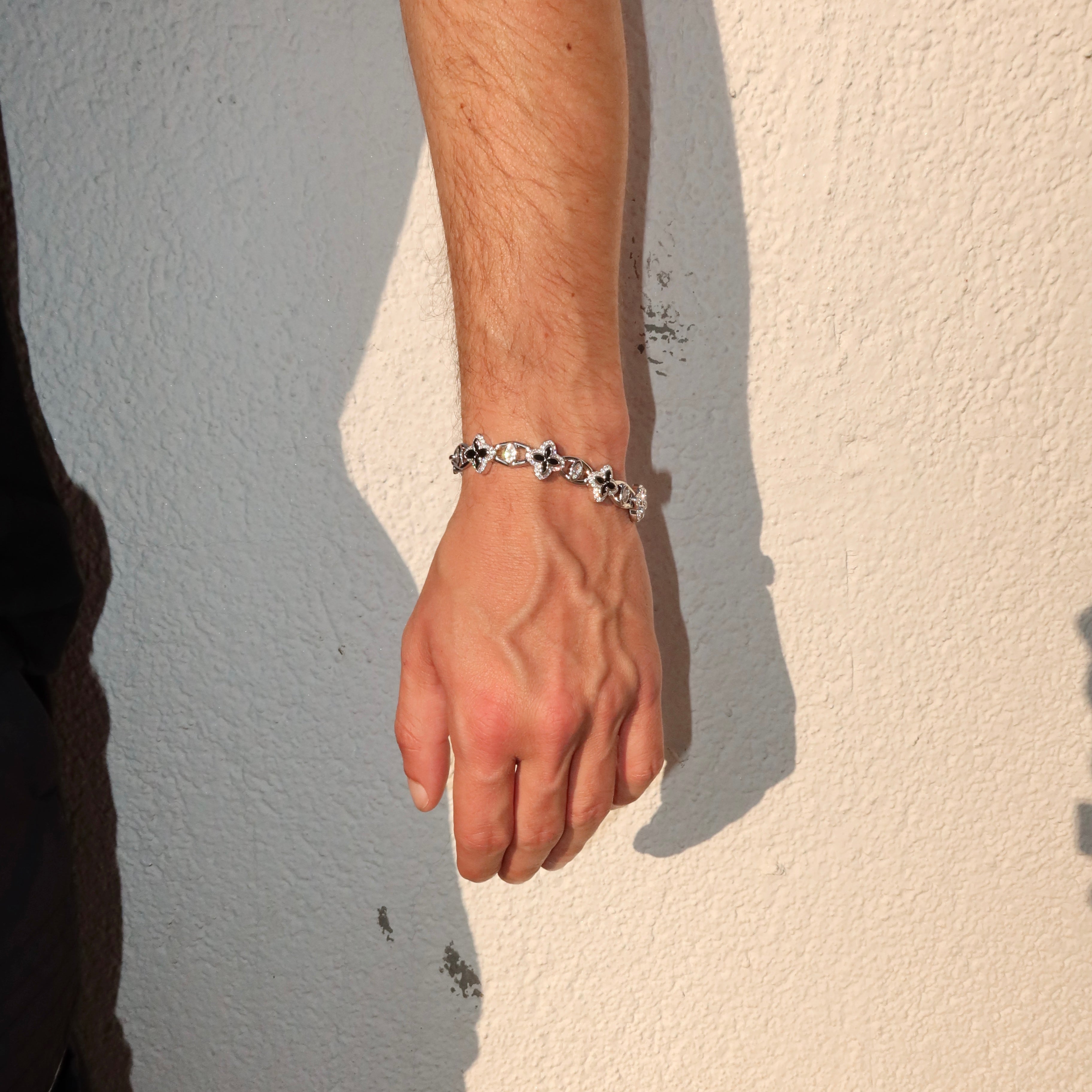 White Gold Plated 10mm Iced Black Clover Eyes Bracelet