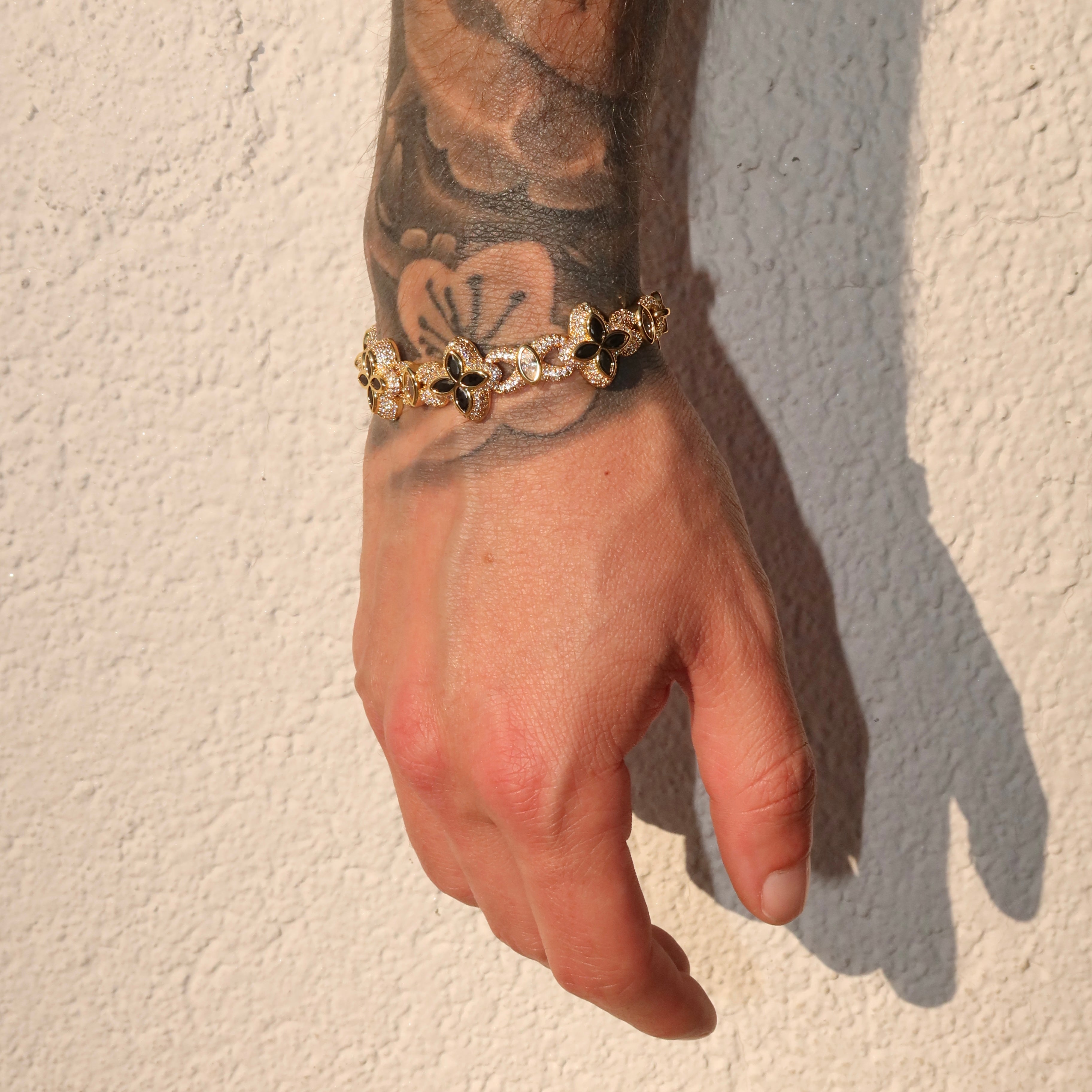 14K Gold Plated Iced Marquise Black Clover Cuban Bracelet