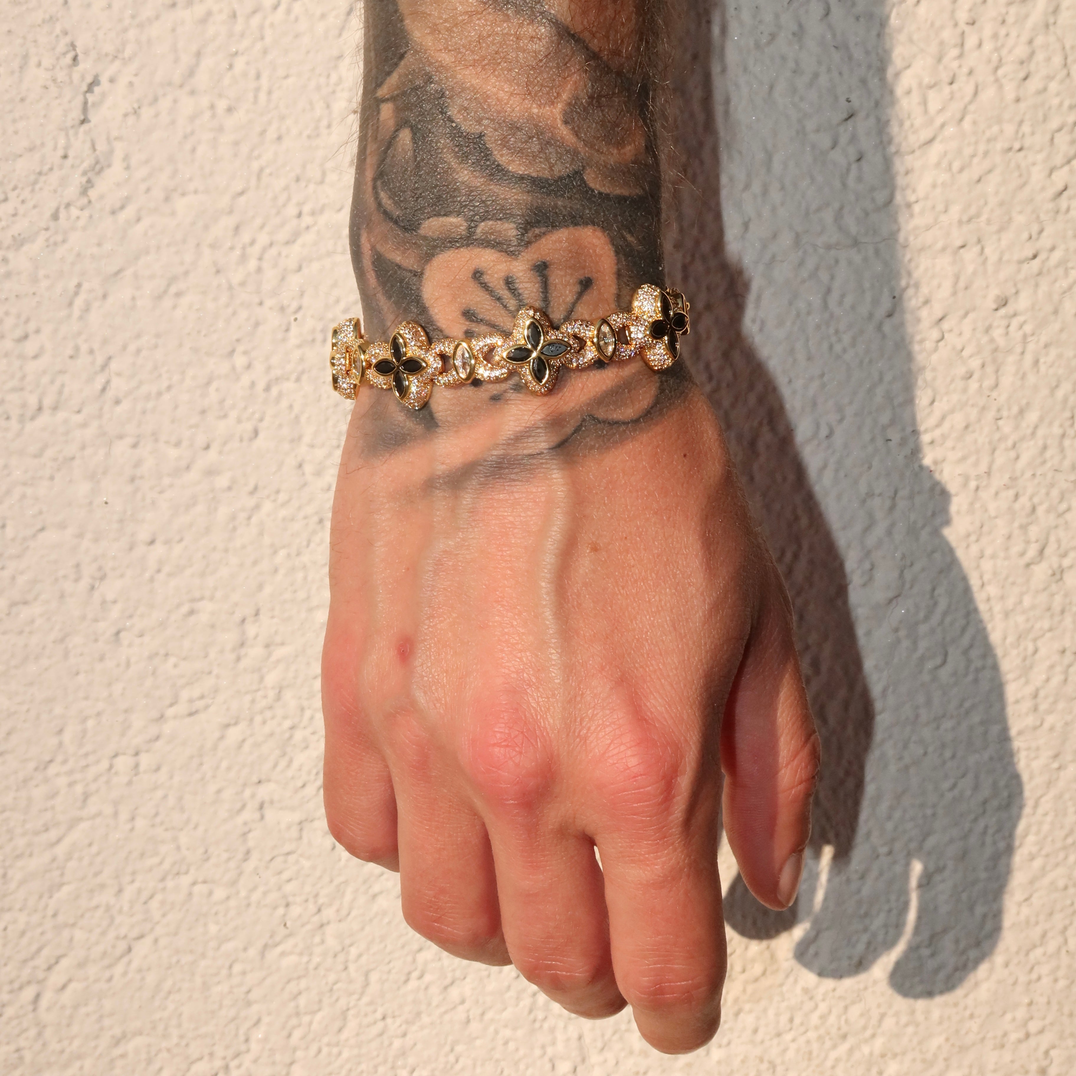 14K Gold Plated Iced Marquise Black Clover Cuban Bracelet