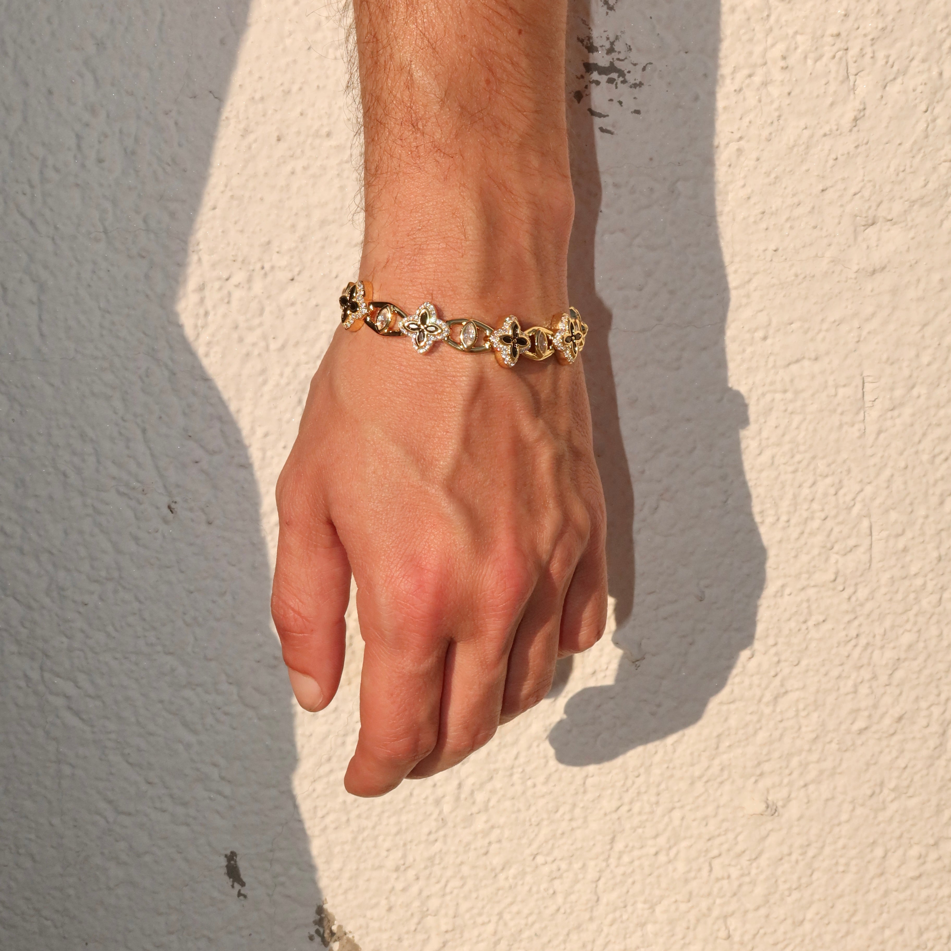 14K Gold Plated 10mm Iced Black Clover Eyes Bracelet