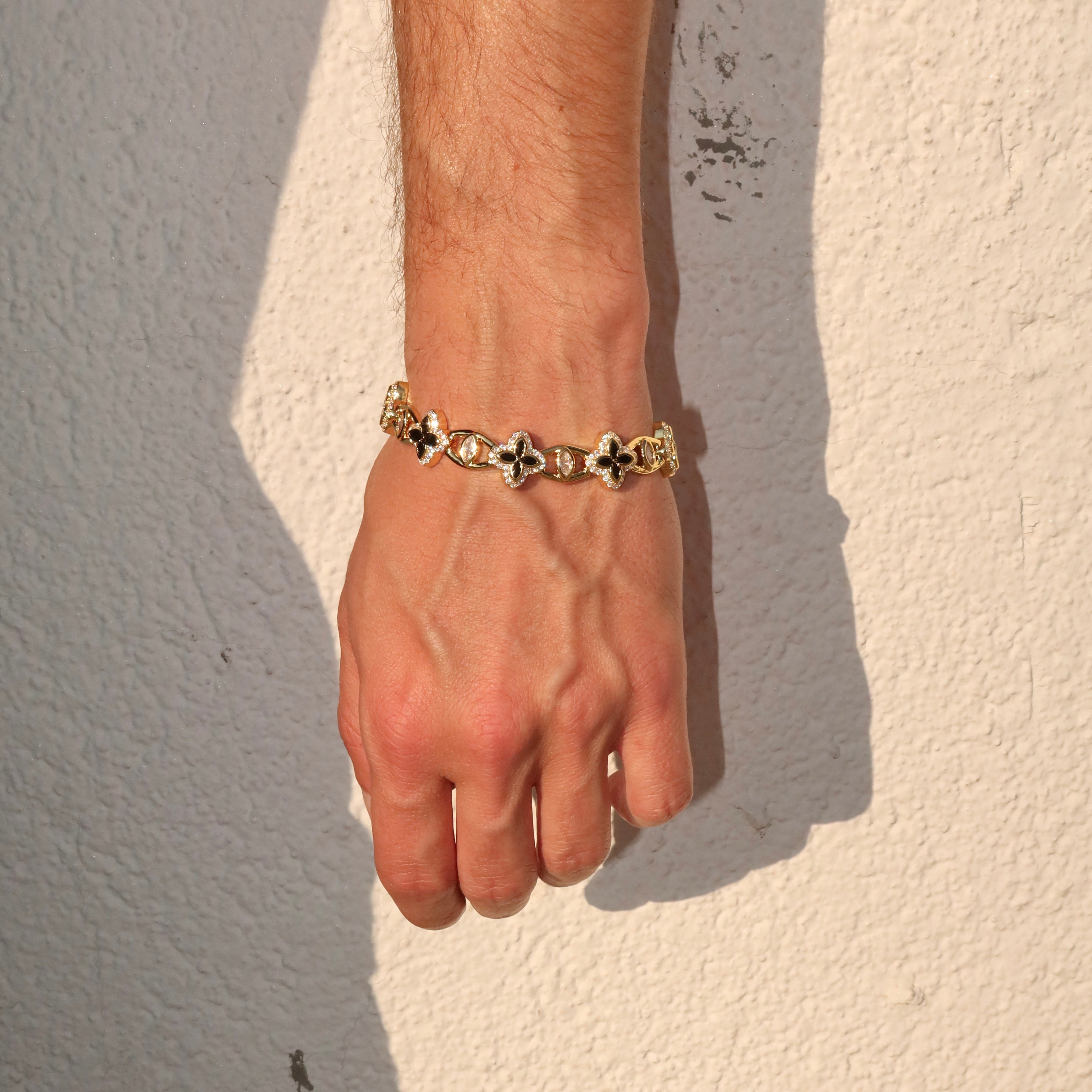14K Gold Plated 10mm Iced Black Clover Eyes Bracelet