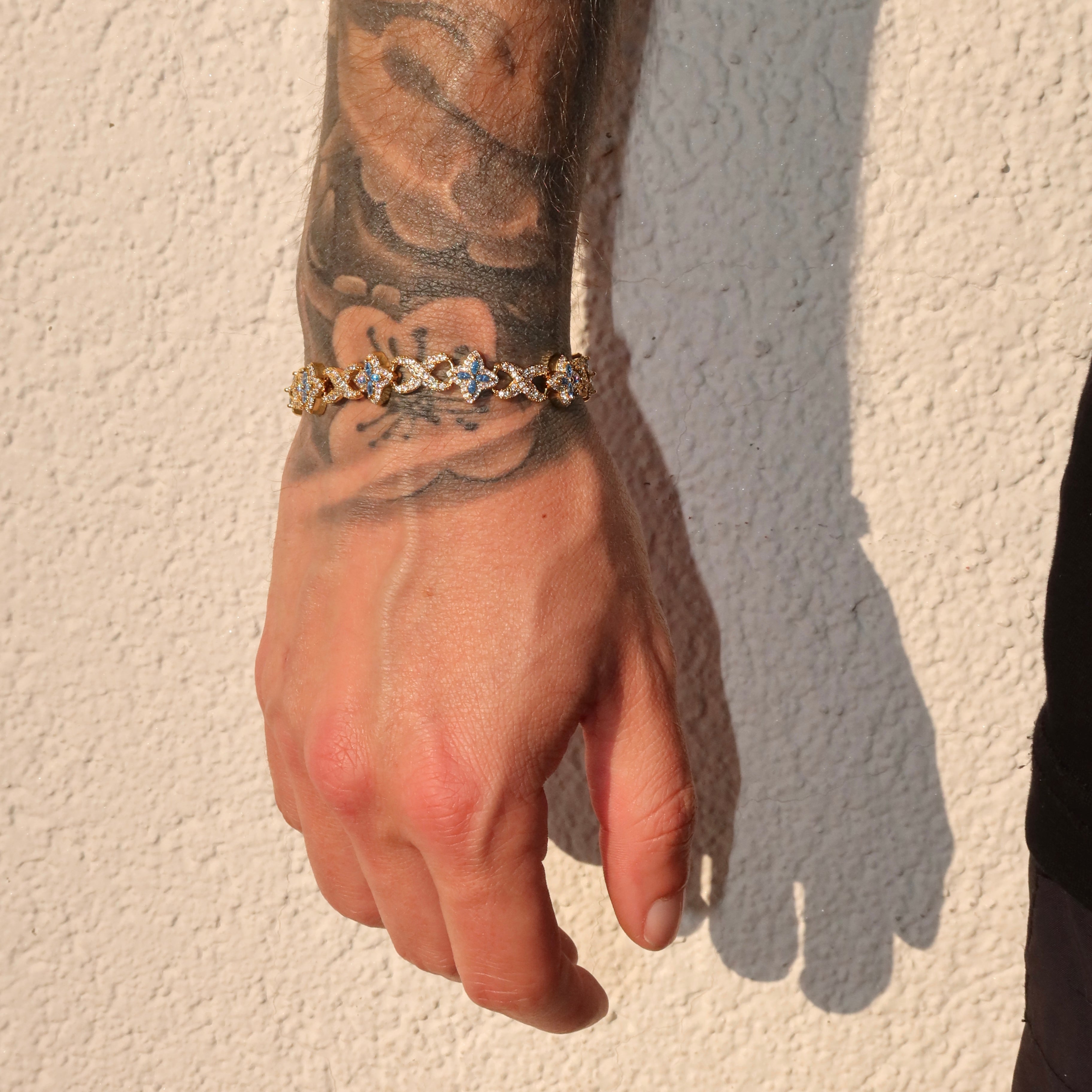 14K Gold Plated 10mm Iced Infinity Aqua Clover Bracelet