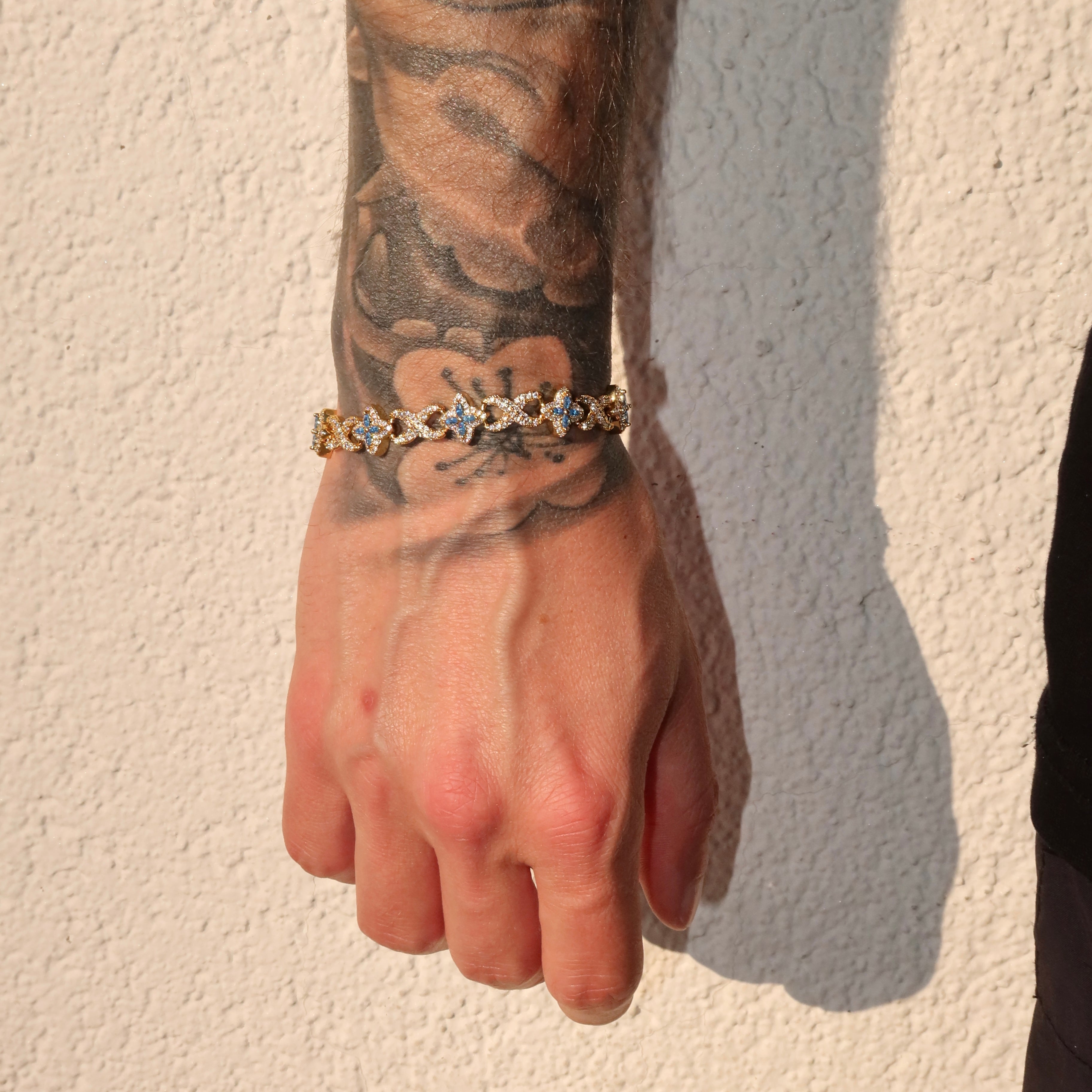 14K Gold Plated 10mm Iced Infinity Aqua Clover Bracelet