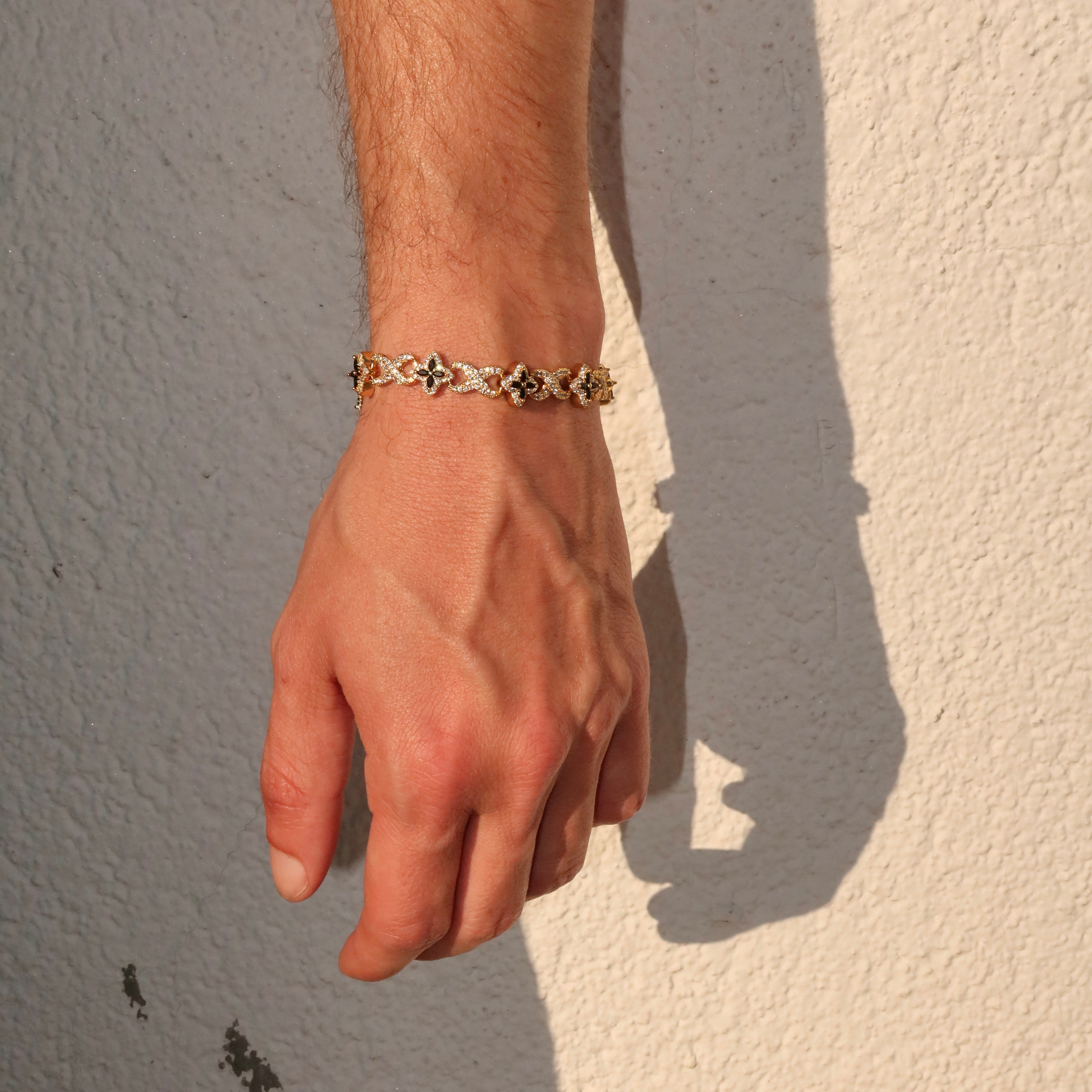 14K Gold Plated 10mm Iced Infinity Black Clover Bracelet