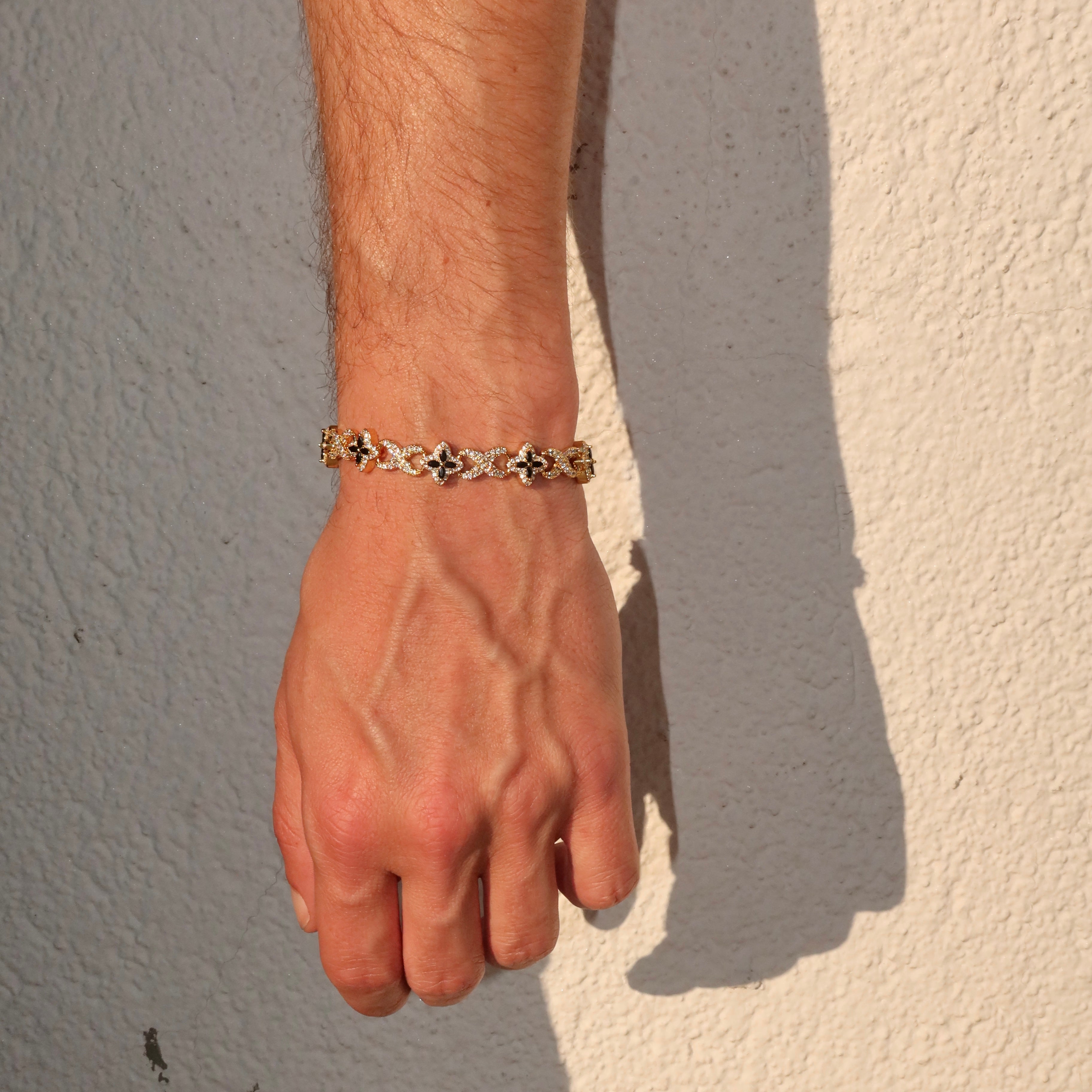 14K Gold Plated 10mm Iced Infinity Black Clover Bracelet