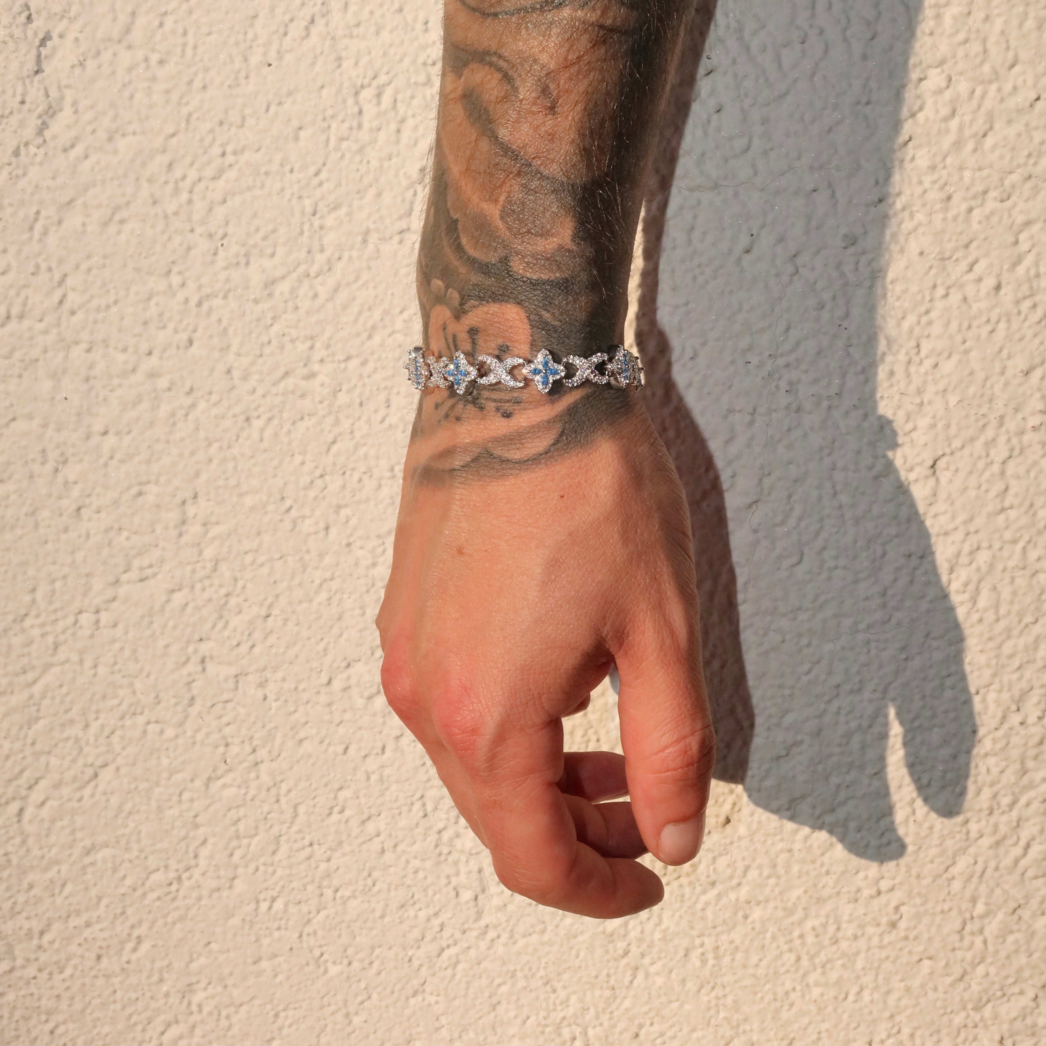 White Gold Plated 10mm Iced Infinity Aqua Clover Bracelet