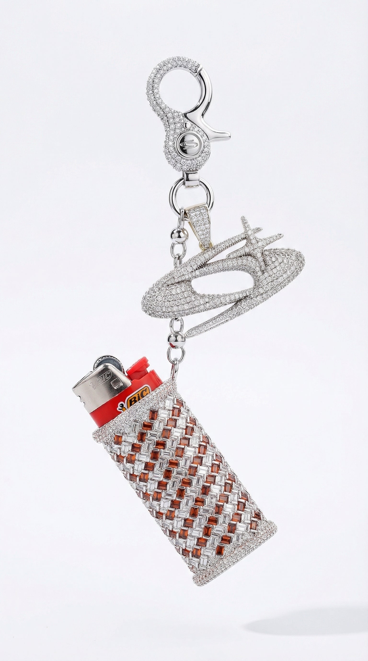 Iced Out Baguette Lighter Case White - Red + Iced Out Clasps + Iced GC Logo Pendant