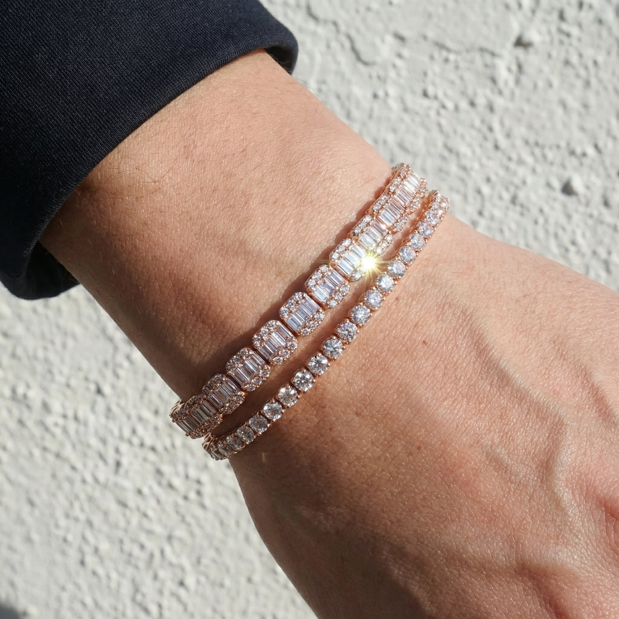 7mm  Rose Gold Square Baguette + 3mm Rose Gold Plated Tennis Bracelet Set