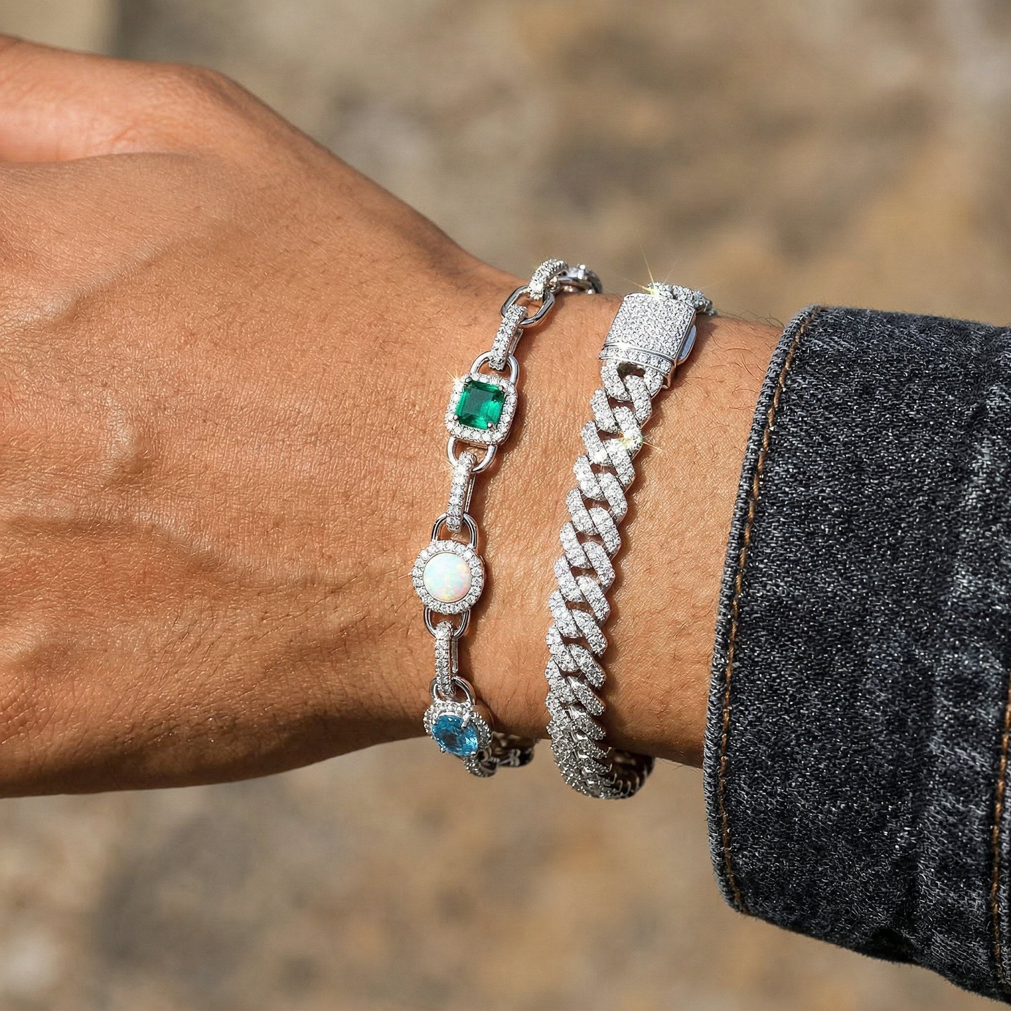 White Gold Plated 10mm Prong Cuban + Iced Motifs Bracelet Set