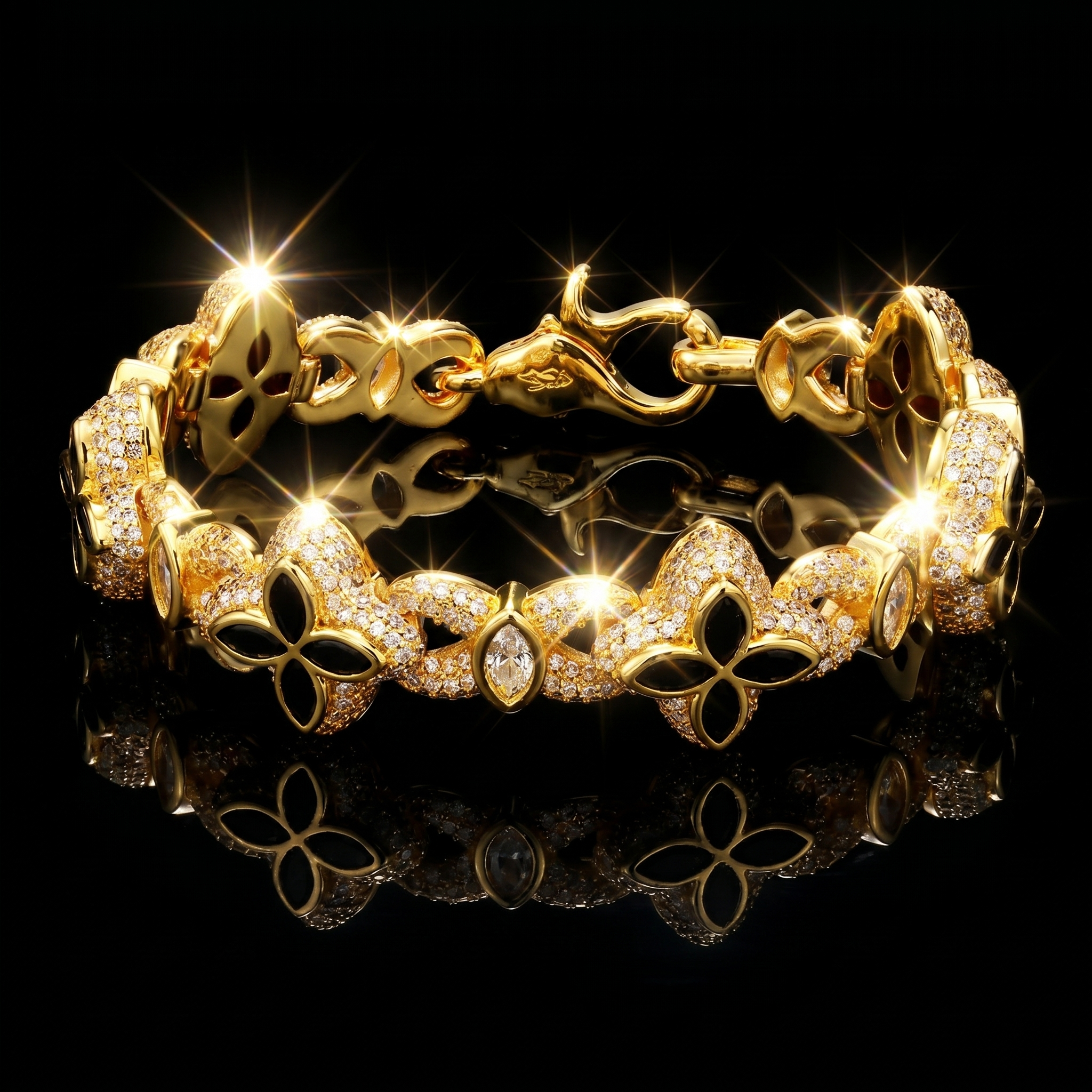 14K Gold Plated Iced Marquise Black Clover Cuban Bracelet