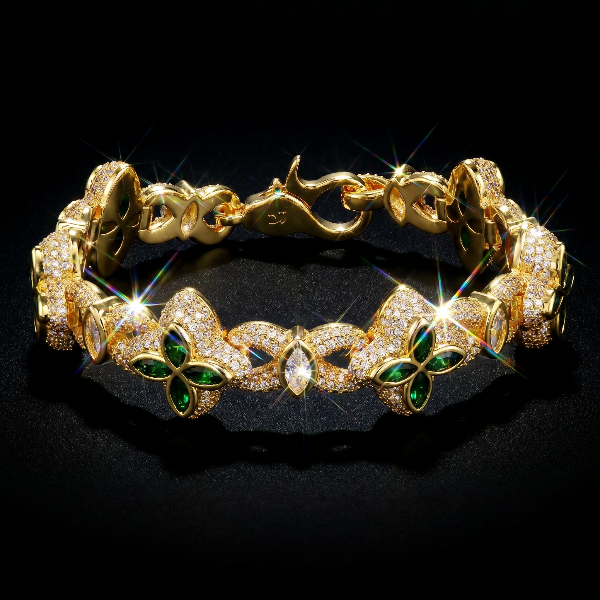 14K Gold Plated Iced Marquise Green Clover Cuban Bracelet
