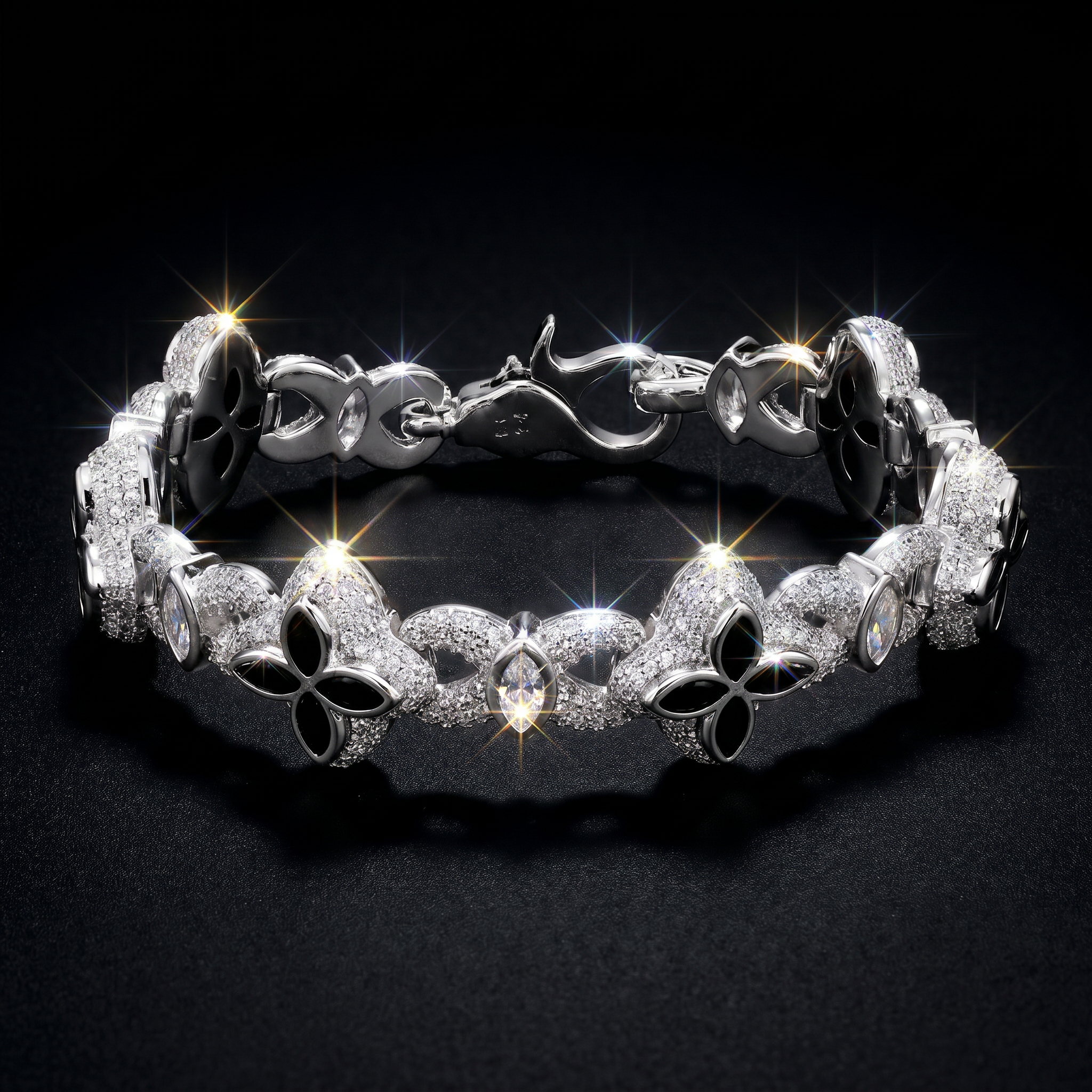 White Gold Plated Iced Marquise Black Clover Cuban Bracelet