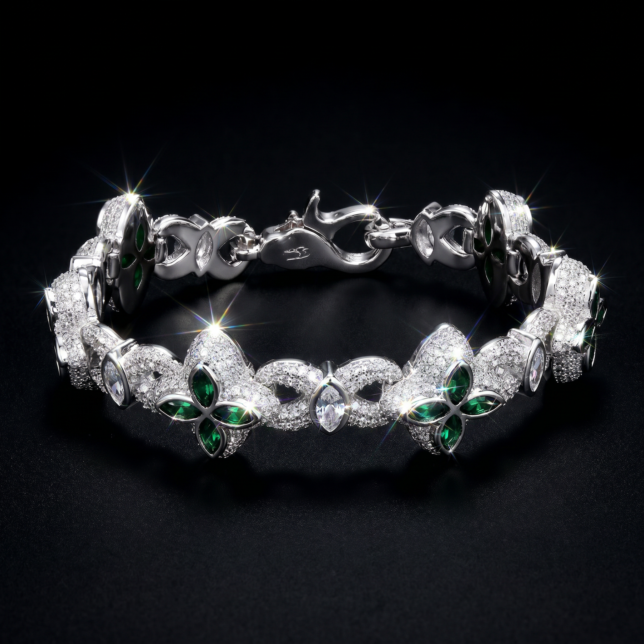 White Gold Plated Iced Marquise Green Clover Cuban Bracelet