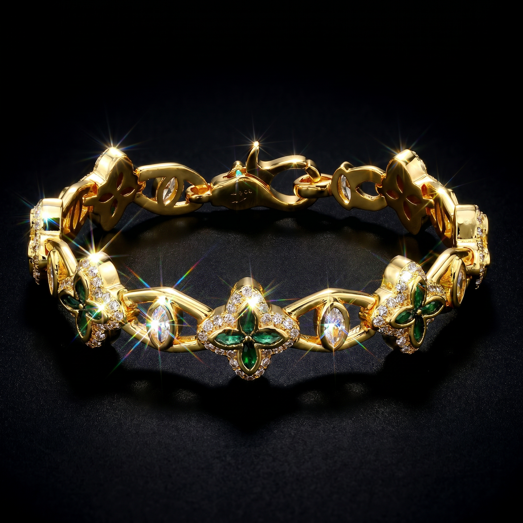 14K Gold Plated 10mm Iced Green Clover Eyes Bracelet