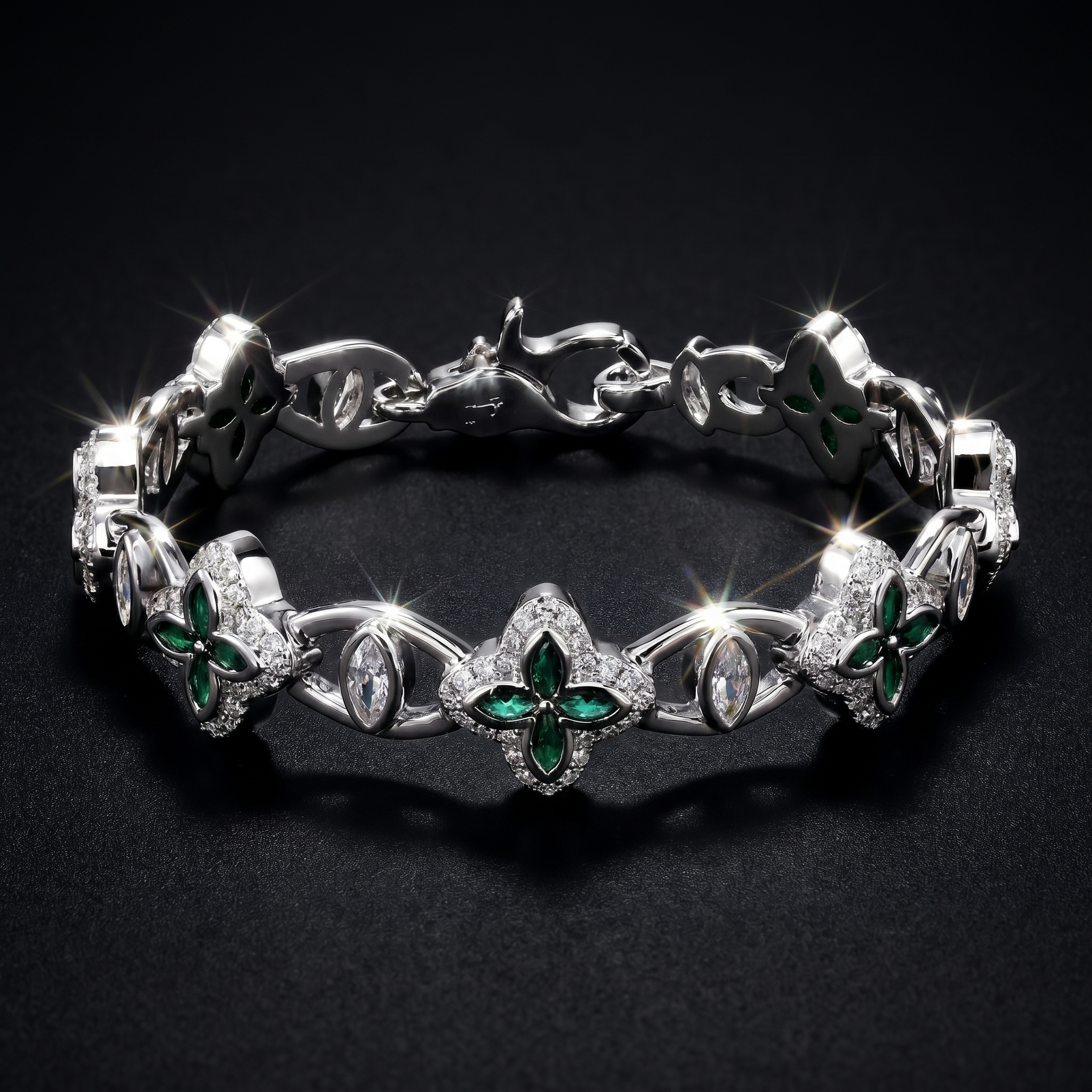 White Gold Plated 10mm Iced Green Clover Eyes Bracelet